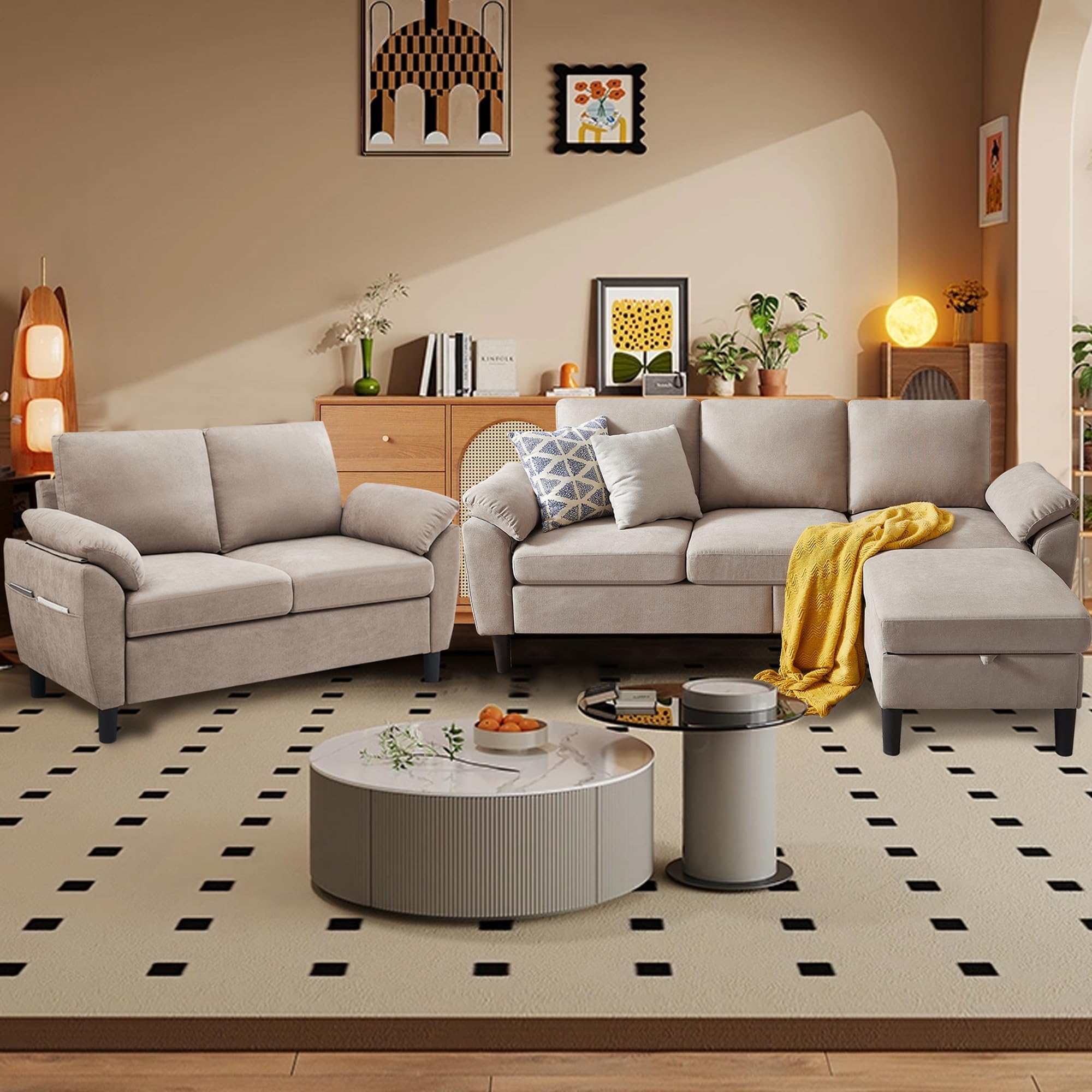 80 Inch Convertible Sectional Sofa Set with Storage Ottoman