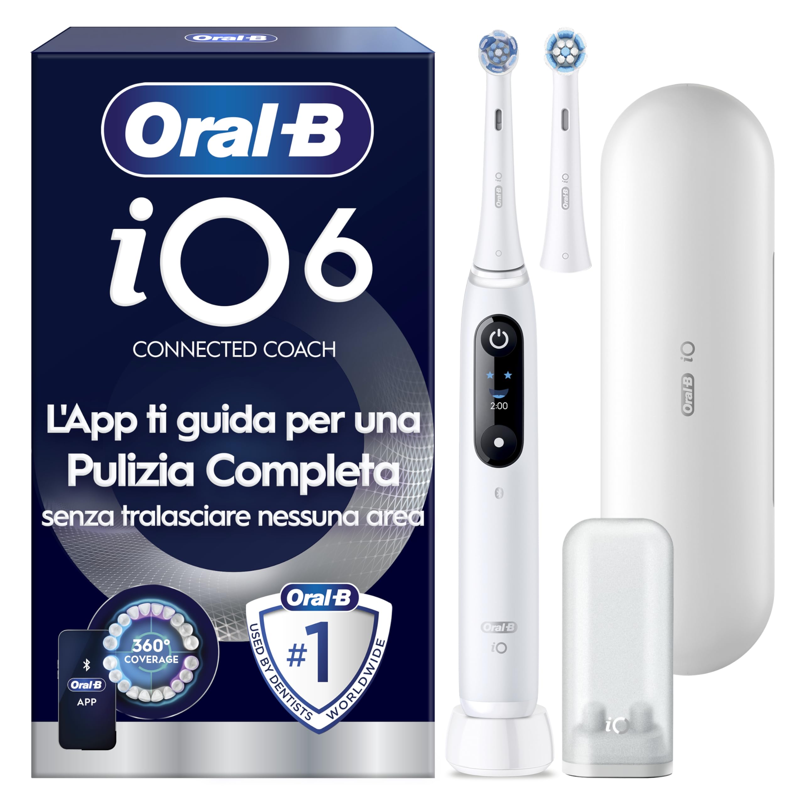 Oral-B Spazzolino Elettrico Ricaricabile iO 6N, Sensore di Pressione, Display Interattivo, Intelligenza Artificiale, 2 Testine, 1 Spazzolino, 1 Custodia da Viaggio, Bianco, Idea Regalo