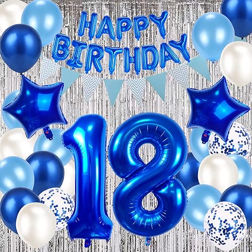 Decoraciones de fiesta de cumpleaños número 18, globos de feliz cumpleaños 18, decoraciones de cumpleaños azul marino para niños y hombres,