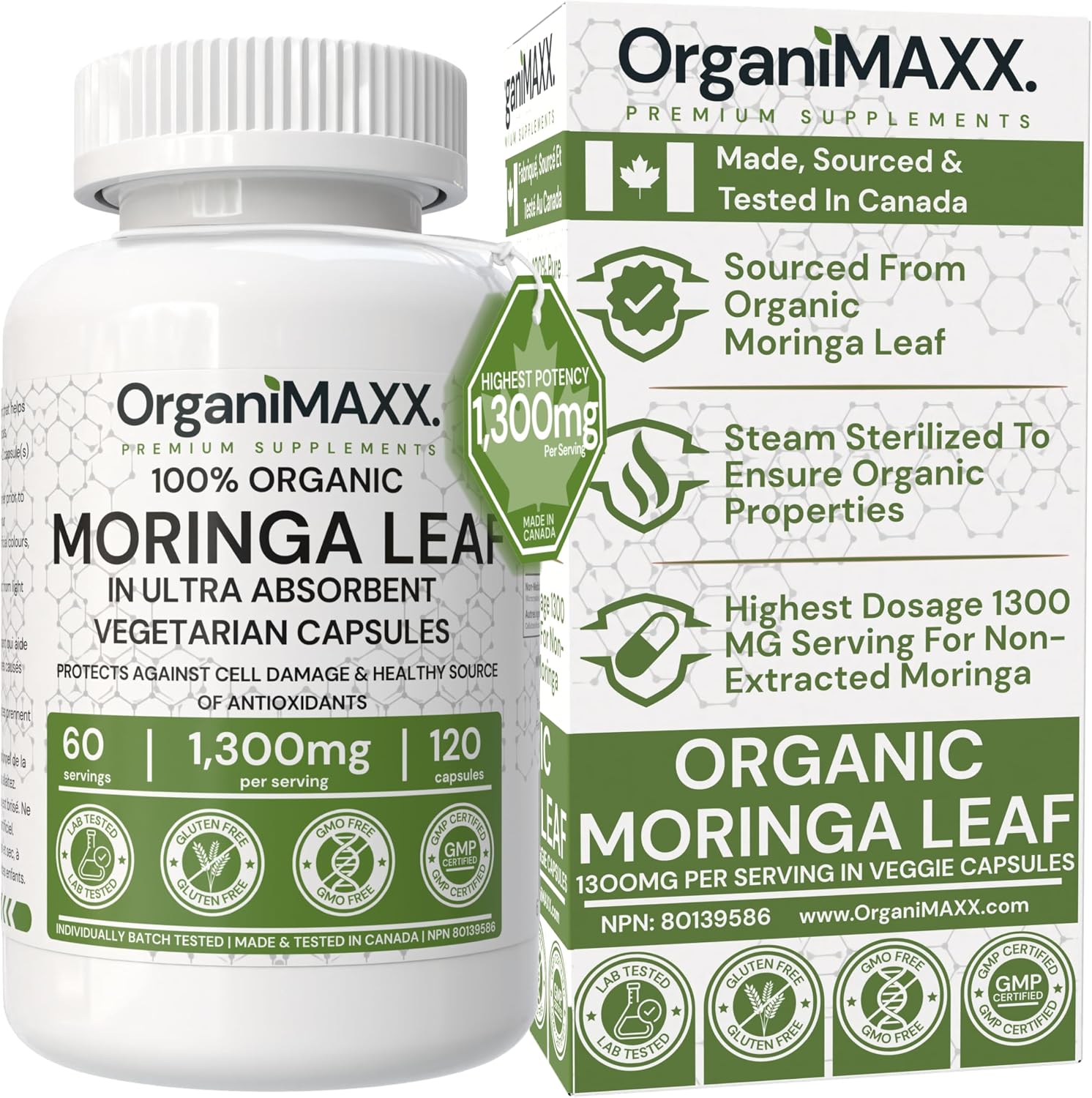 1300mg Organic Moringa Capsules 120 Count HIGHEST POTENCY OrganiMAXX Moringa Leaf Capsules. Supports Gut Health, Liver Detox, Hormone Balance & Antioxidant Health. Non-GMO, Vegan Friendly, Free of Gluten, Soy & Dairy.