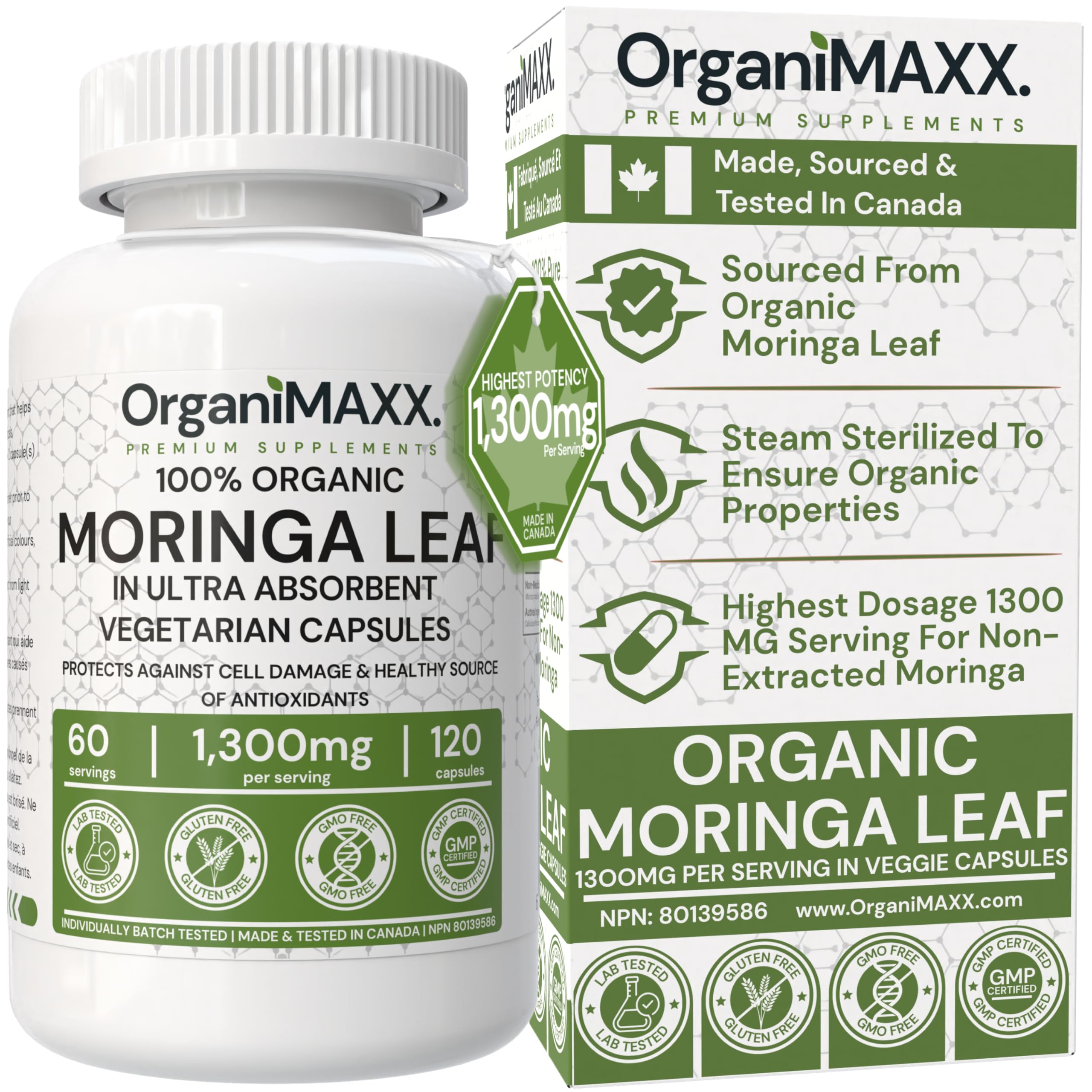 1300mg Organic Moringa Capsules 120 Count HIGHEST POTENCY OrganiMAXX Moringa Leaf Capsules. Supports Gut Health, Liver Detox, Hormone Balance & Antioxidant Health. Non-GMO, Vegan Friendly, Free of Gluten, Soy & Dairy.