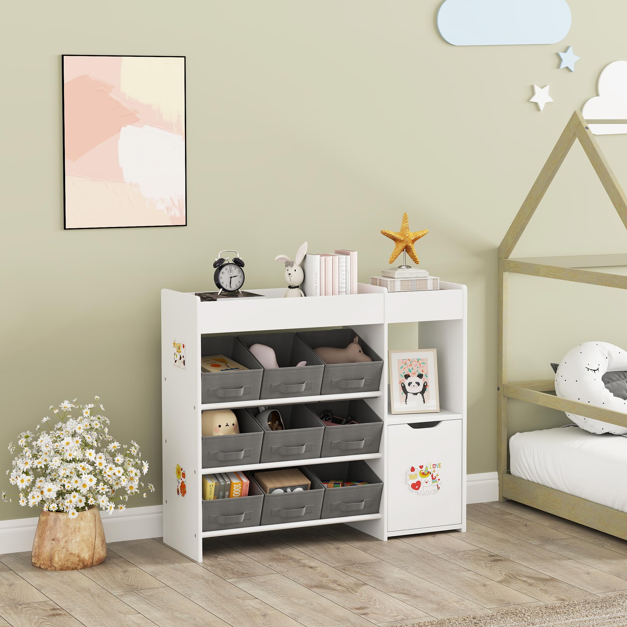 AIYAPLAY Meuble Rangement Enfant étagère de Rangement pour Jouets Enfants avec 9 tiroirs en Tissu et Placard pour Chambre d'enfant, Salle de Jeux, garderie, Blanc