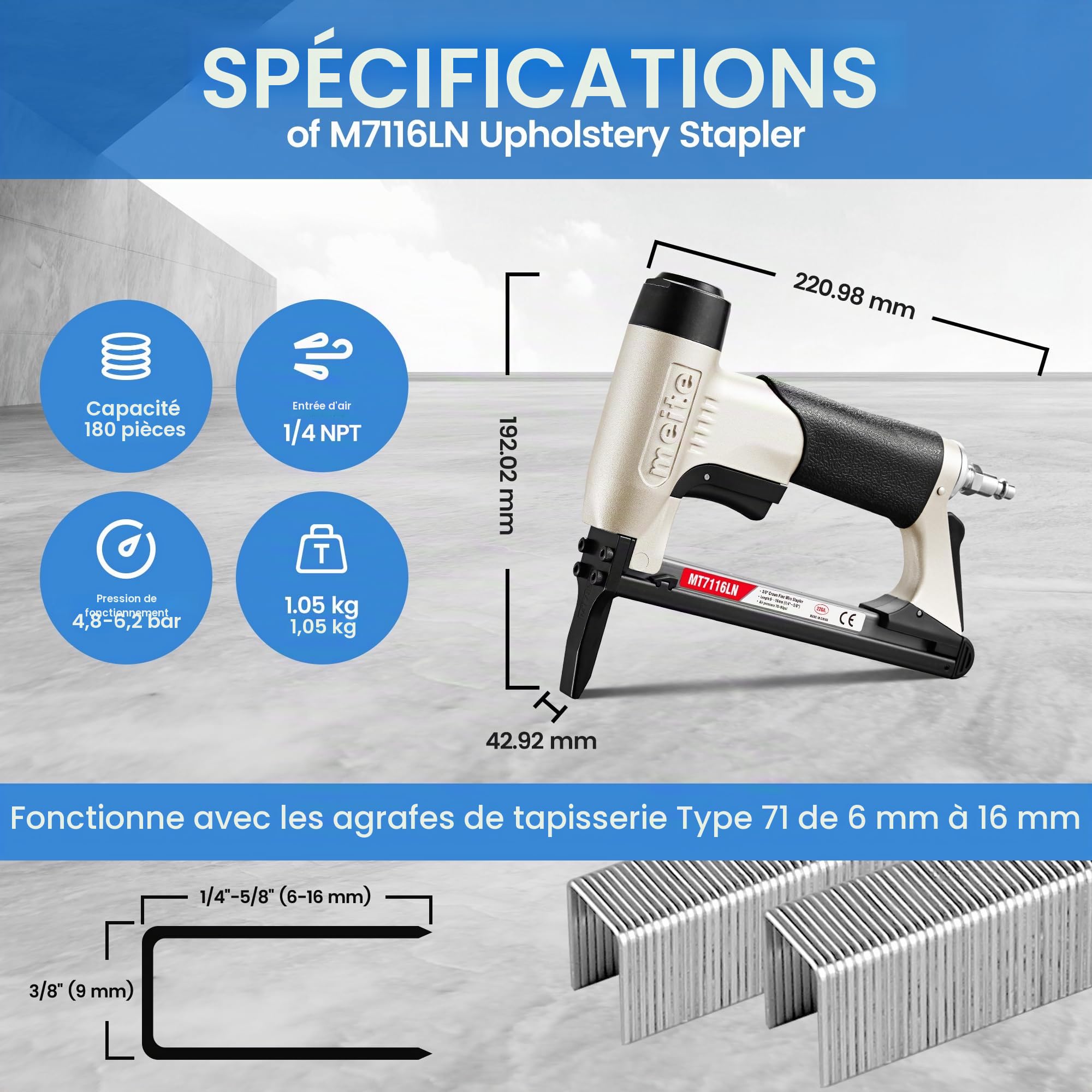 meite MT7116LN Agrafeuse Pneumatique Bec Long, Utilise des Agrafes de Type 71, Agrafes 6 à 16 mm, Couronne 9,1 mm – Pression de Travail 5-7 bar – Agrafeuse Pneumatique Pour Meubles et Travail du Bois