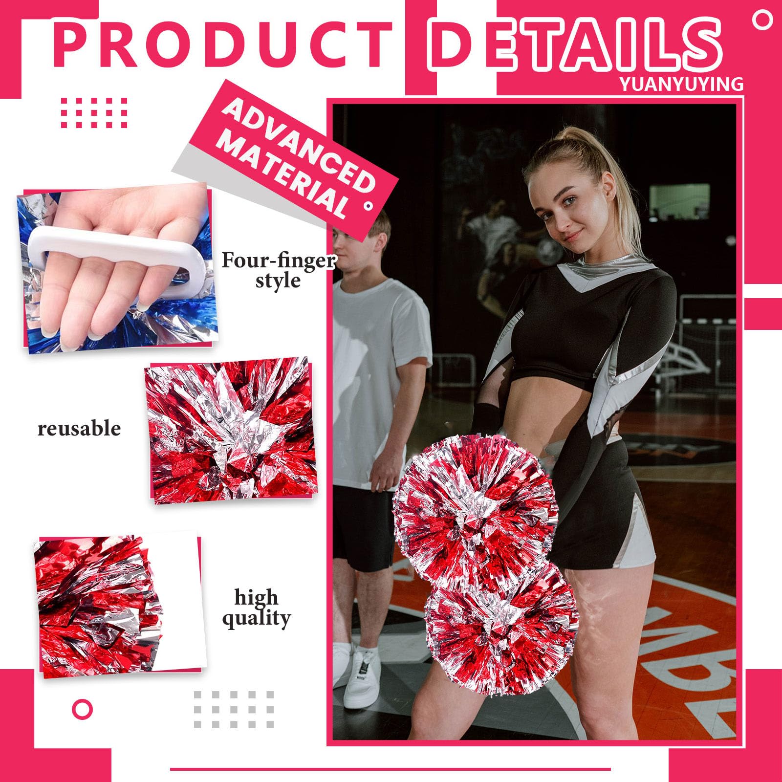 Pompony Cheer 26 szt. z uchwytem na cztery palce, ręczne pompony drużyny cheerleaderek do drużyny sportowej, gry ducha, na imprezę taneczną dla dorosłych (czerwone + srebrne)