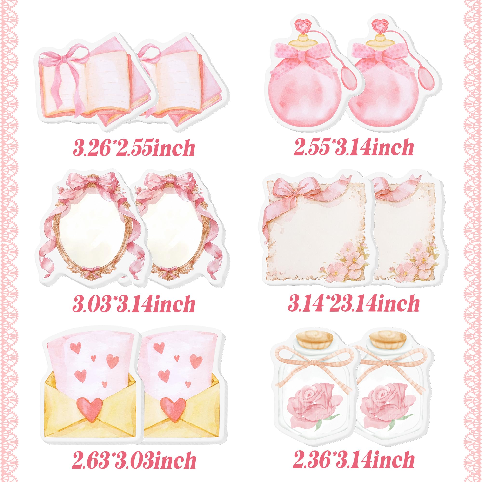 12 Stück Kokette Haftnotizen, niedlich, mädchenhaft, Notizblöcke, ästhetisch, rosa Schleife, Band, Schulanfang, Bürobedarf, Vintage, romantisch, Scrapbooking, dekoratives Geschenk für Mädchen und