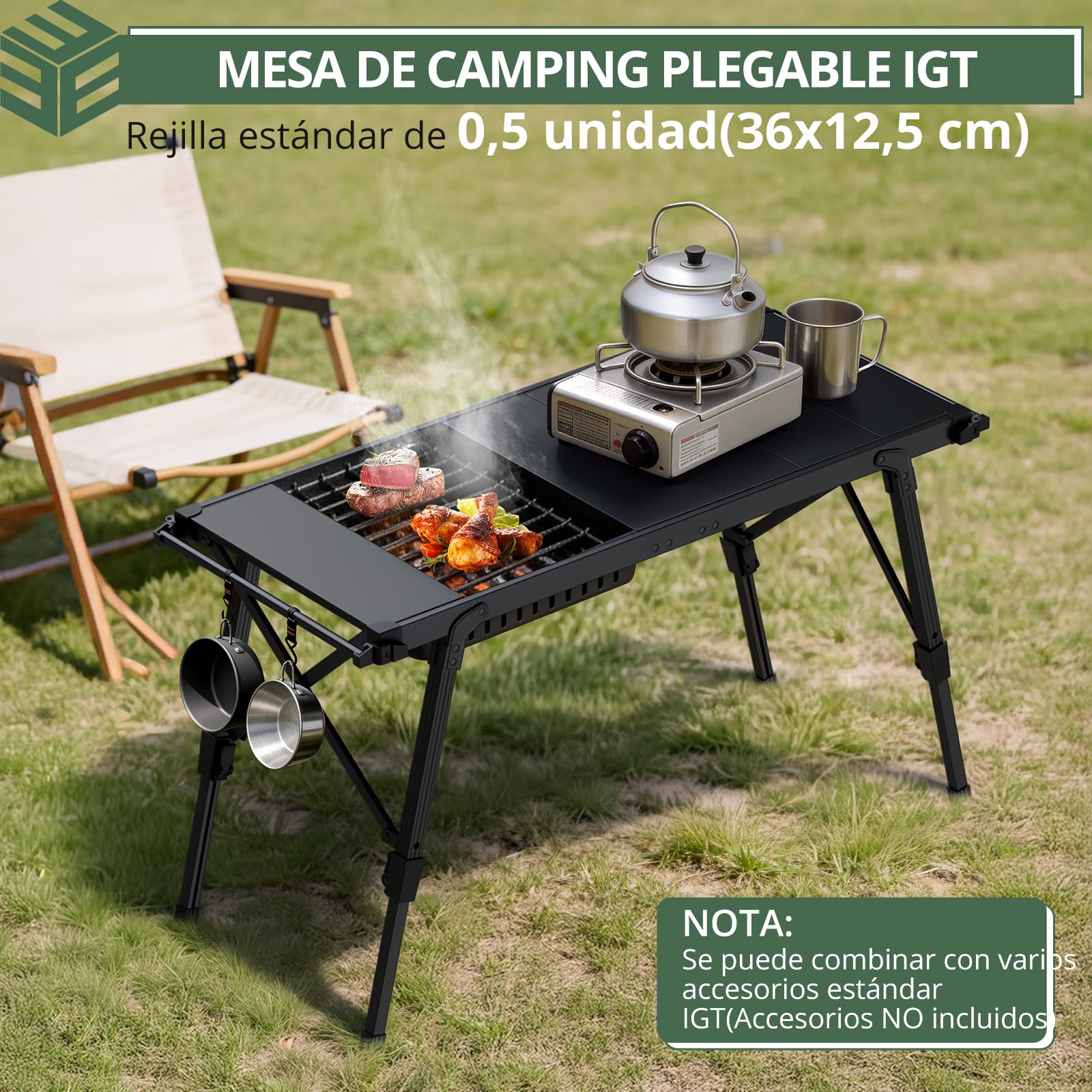 EYPINS Mesa Plegable Camping IGT(3.5 unidades) 88x38cm,Altura Ajustable Continua 38-55cm,con Barra Lateral Colgante,Combina Estufas Parrillas y Cajas de Almacenamiento para Camping Autocaravana Picnic