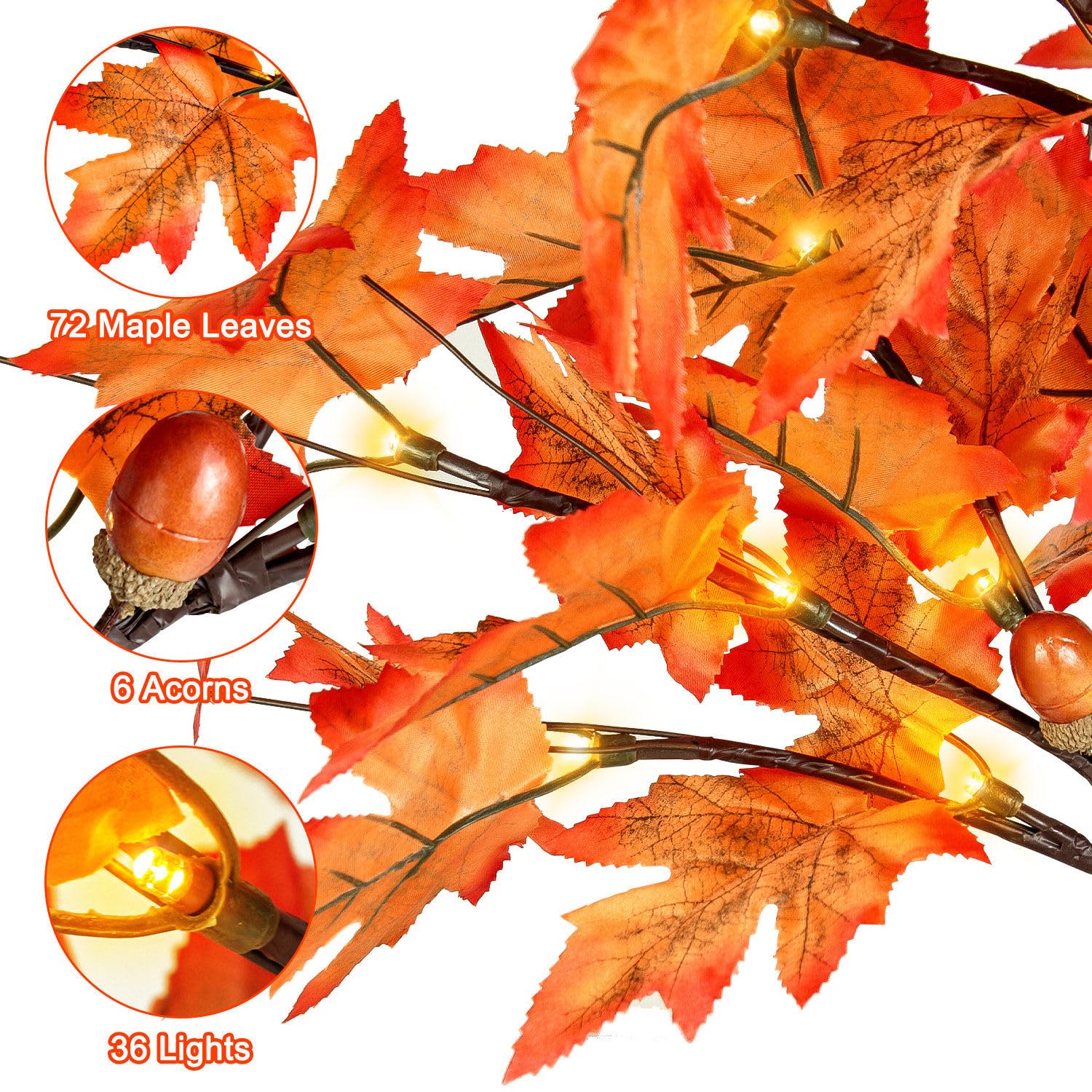 FastDeng Lot de 2 érables lumineux d'automne, arbre artificiel de table de 61 cm avec 36 lumières LED, 72 feuilles, 6 glands, minuterie à piles pour récolte d'automne, décoration d'intérieur,