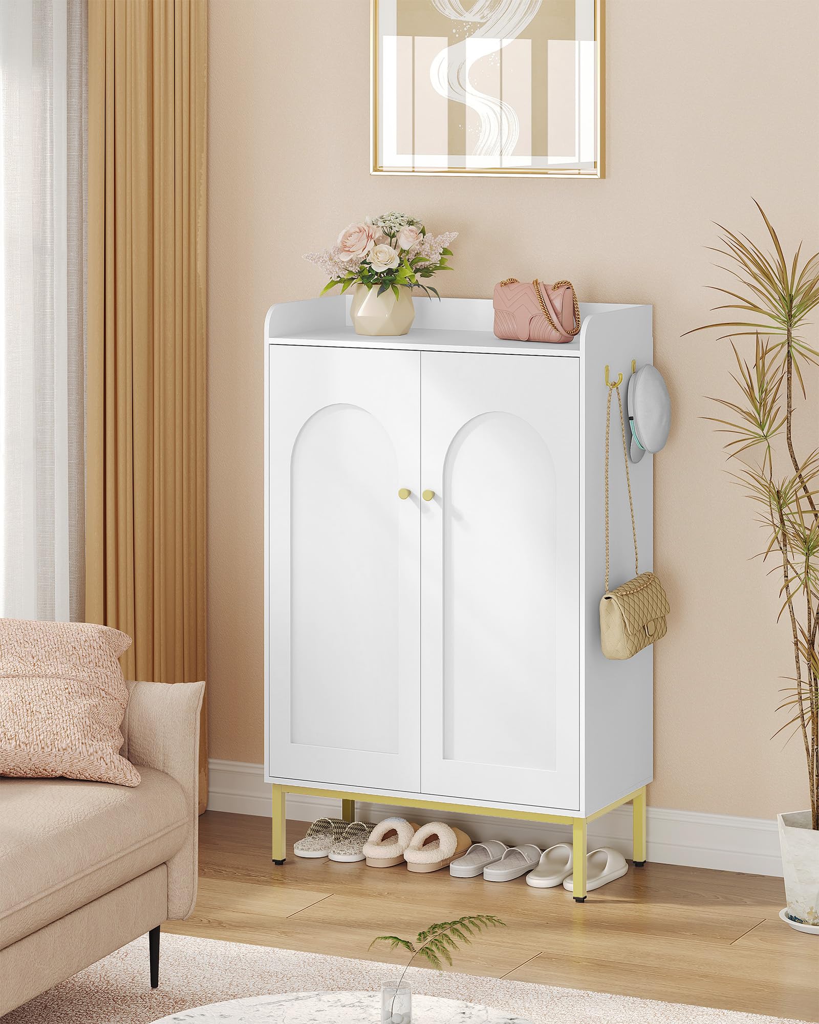 Hzuaneri Meuble à Chaussures 5 Niveaux, 16-20 Paires, Blanc | Armoire à Chaussures, Séparateur Réglable, Poignée Dorée, Grande Capacité pour Entrée, Couloir, 36 × 74 × 115 cm, SR67803A
