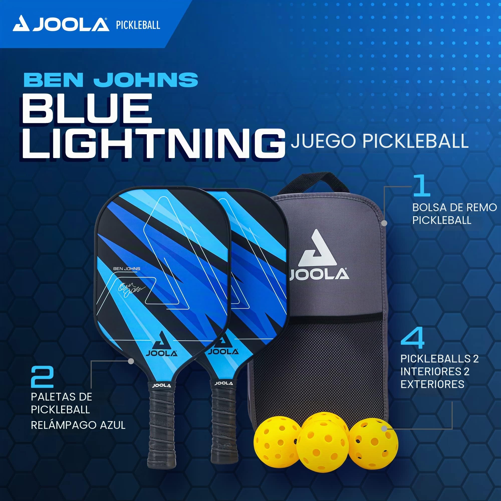 JOOLA Set de Pickleball Blue Lightning Incluye 2 Palas, 4 Pelotas y Bolsa, Ideal para Jugadores Recreativos, 7 Piezas
