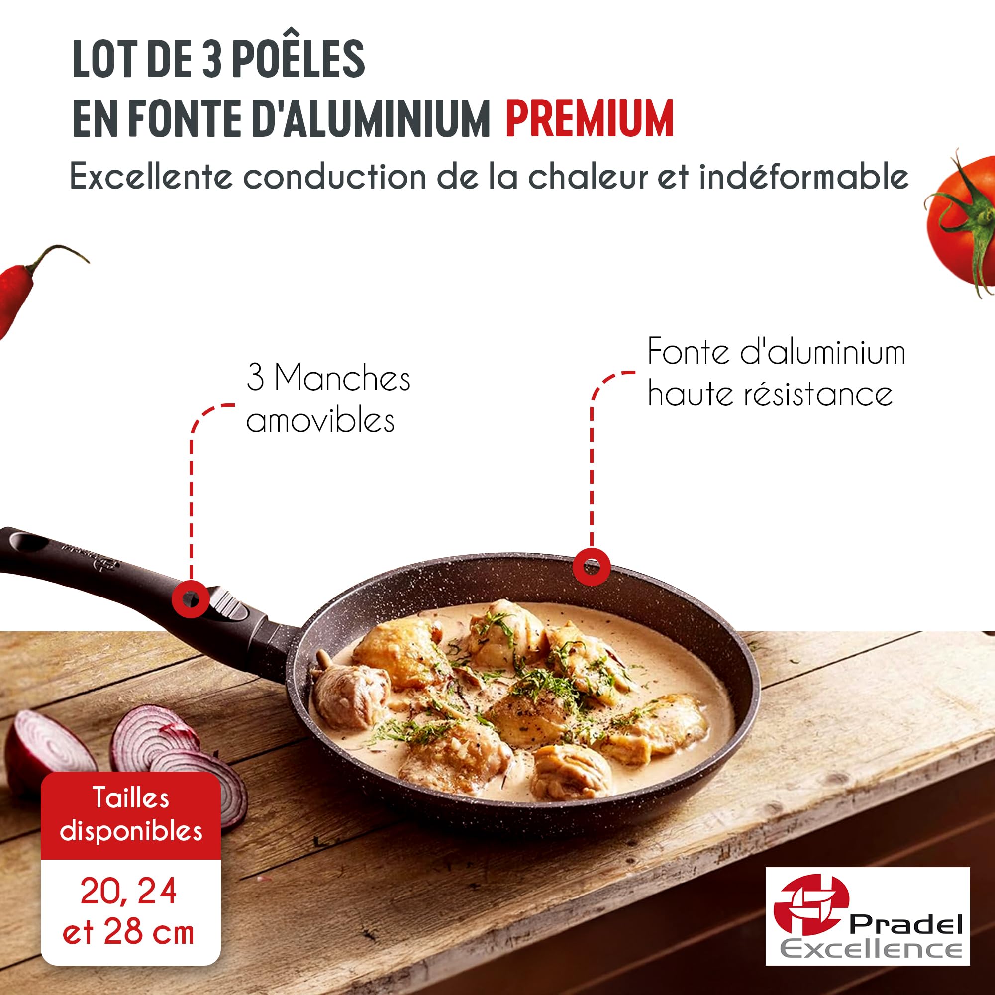 Pradel Excellence - PCUI001032 - Lot de 3 Poêles en Fonte d'Aluminium Premium Ø20,24,28cm - Revêtement Anti-Adhésif Façon Pierre - Manches Amovibles - Tout Feu, Noir