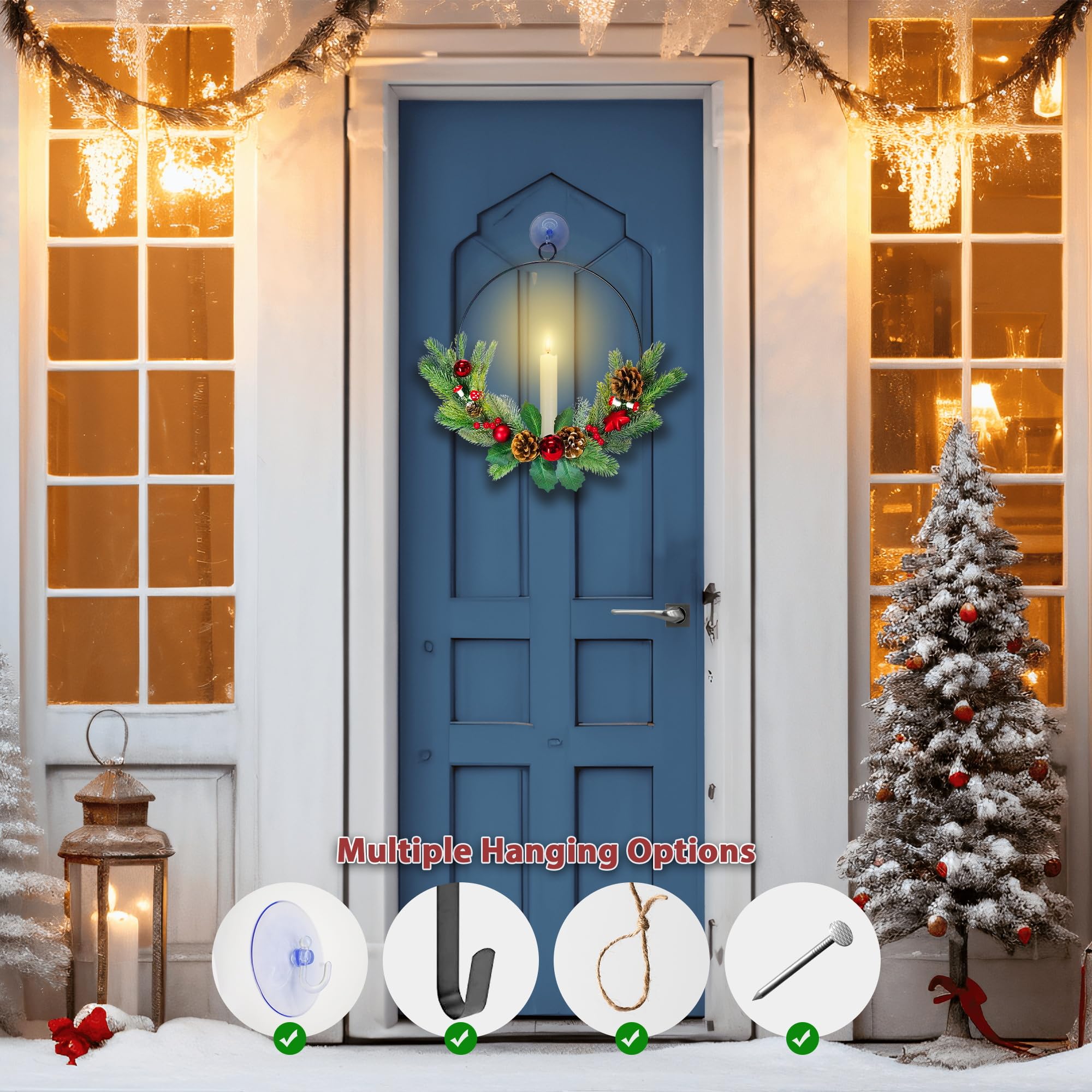 Lot de 2 couronnes de Noël pour porte d'entrée avec bougies coniques à DEL de 40,6 cm pour fenêtre avec lumière et télécommande à piles - Décorations de Noël d'extérieur