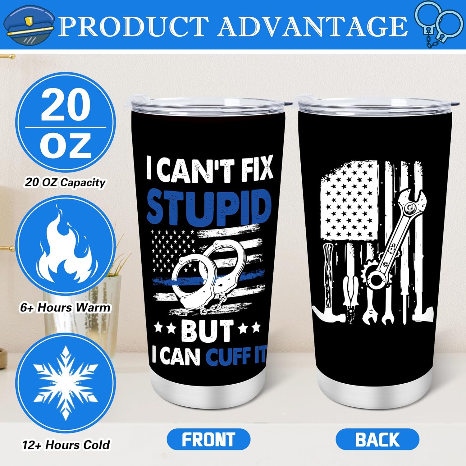 Keluna 3Pcs Police Gifts For Men, Policeman Captain Appreciation Gifts, 20Oz Insulated Tumbler, Socks, Keychain, Police Academy Graduation Christmas Birthday Retirement Gift for Dad Son Husband - Image 3
