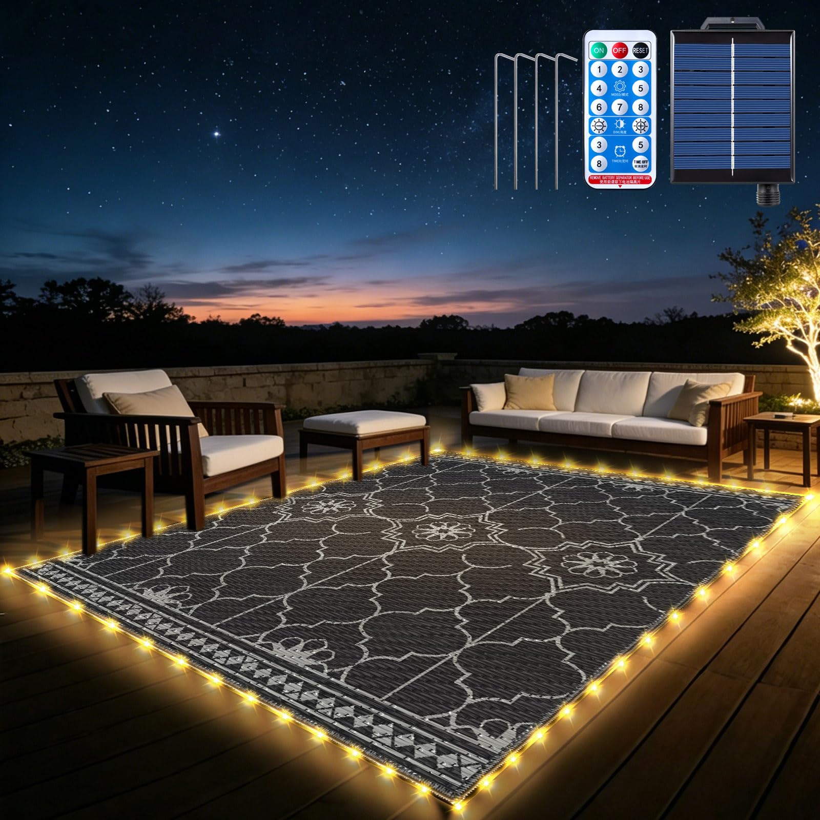 Capybland 9x12Ft Outdoor Rug with 131 LEDs Solar Strip Lights