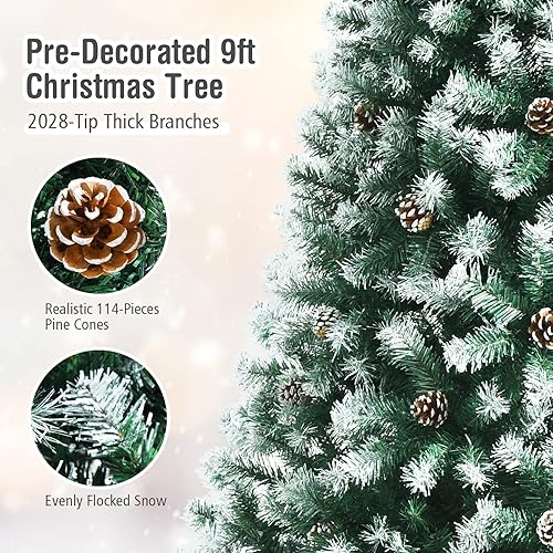 Miniatura 2 de Árbol de Navidad artificial completo de 9 pies con puntas de rama 2028, árbol de Navidad flocado con bisagras con 114 piñas de pino predecoradas,