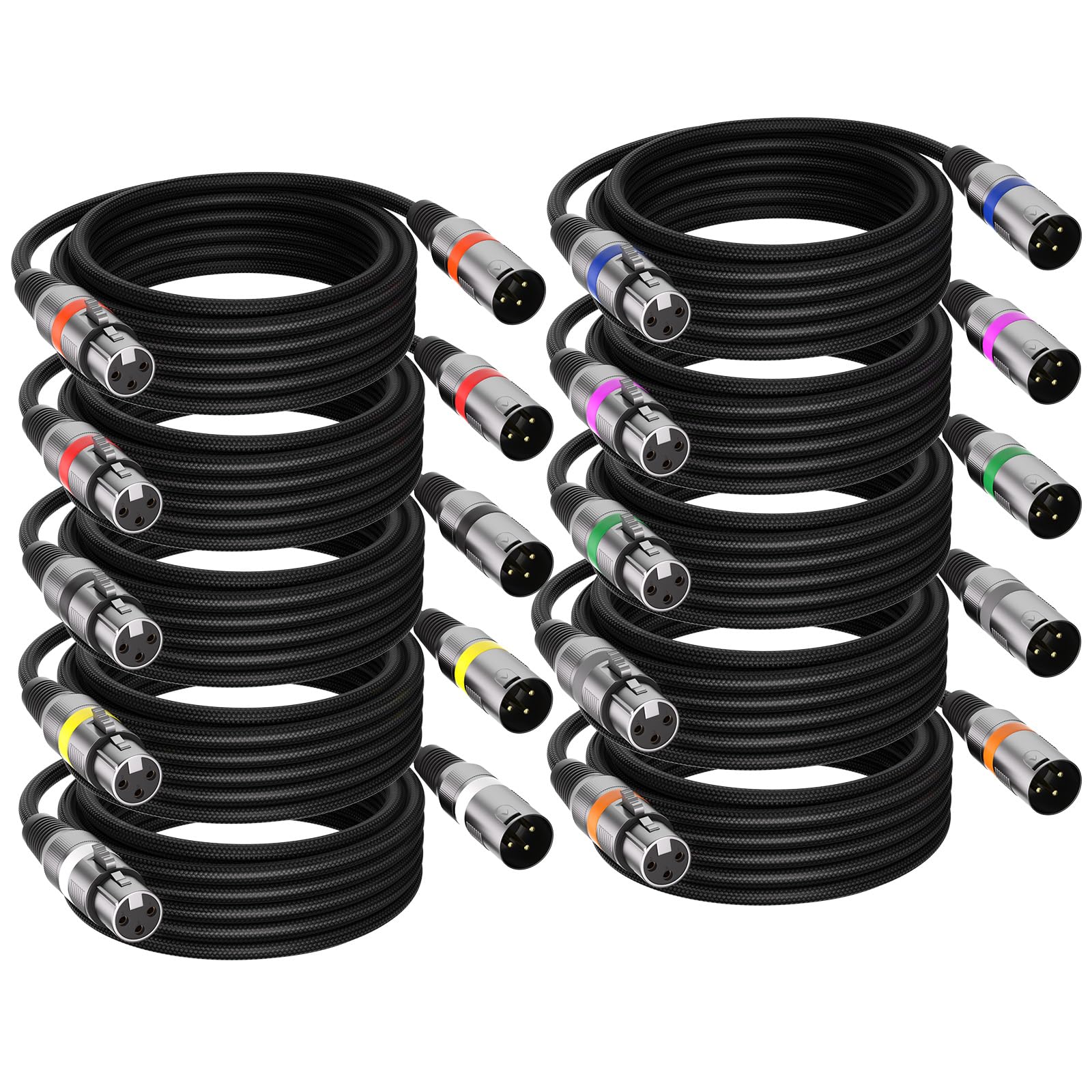 Lot de 10 câbles XLR professionnels de 7,6 m, sans bruit et durable, tous les conducteurs en cuivre équilibré mâle vers femelle pour moniteur de studio, mixeur, DMX, coloré