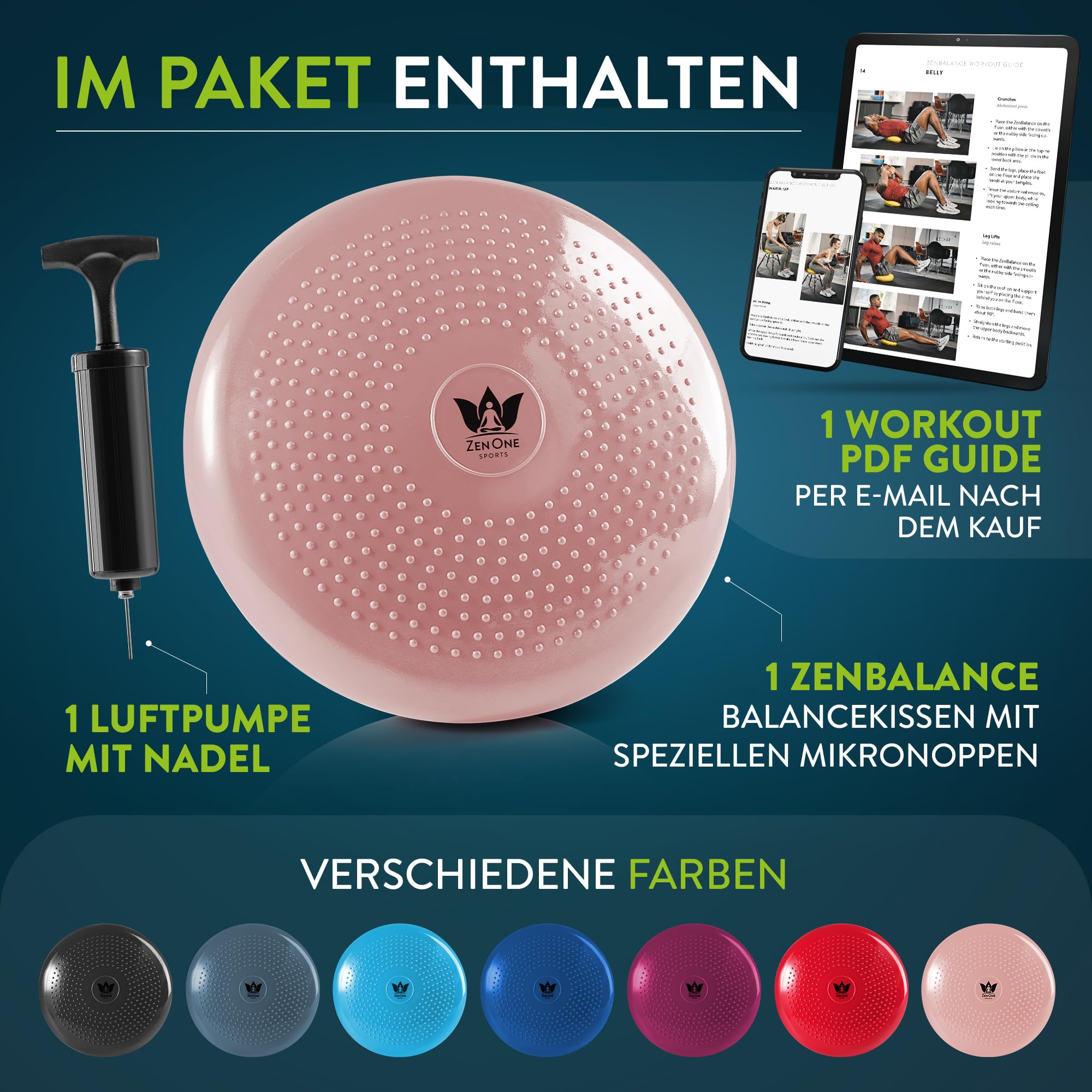 ZenBalance Cuscino Propiocettivo, Cuscino Ortopedico per Riabilitazione, Disco Propiocettivo Gonfiabile per Postura, Balance Board per Sport & Fisioterapia, incl. pompa, e-book, 33 cm (Rosa)