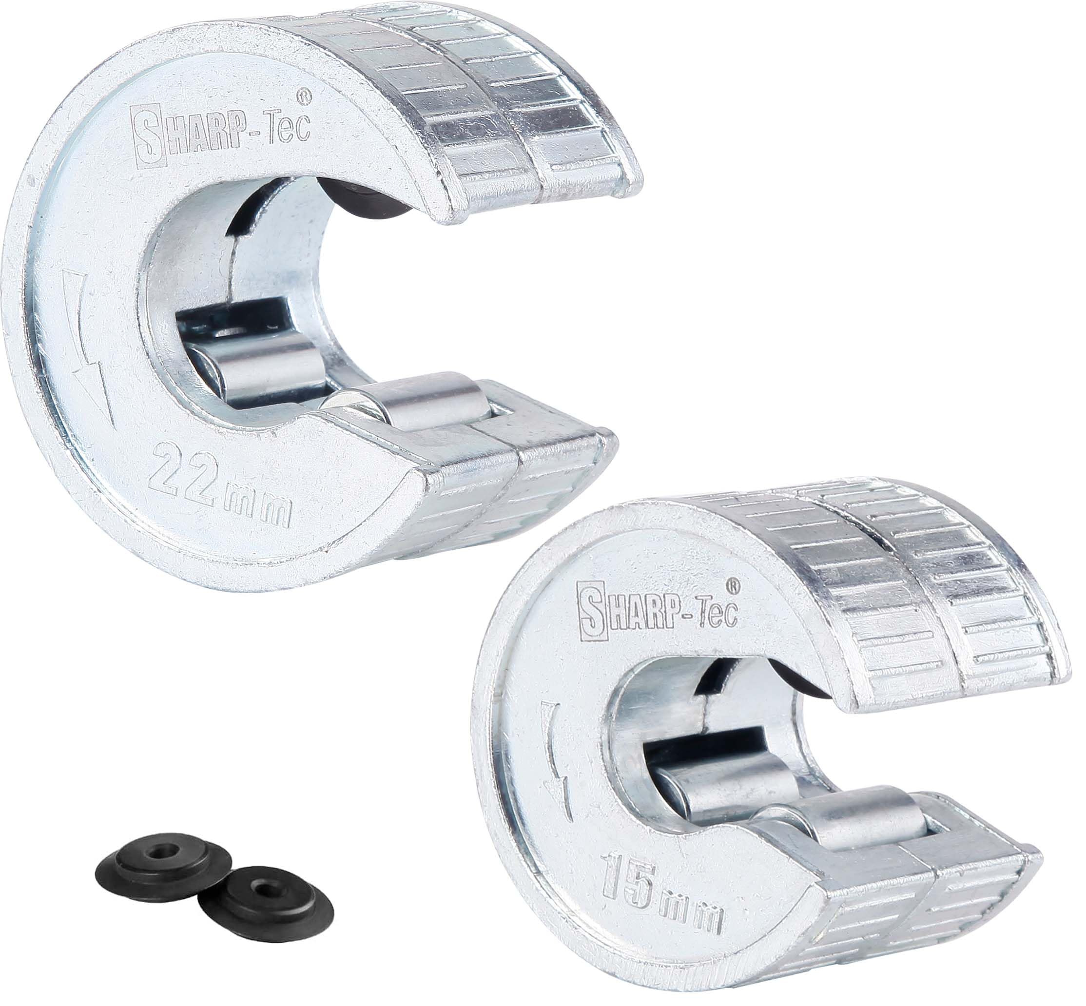 Sharp-tec Pipe Cutter 15mm and 22mm, Copper Pipe Cutter with Zinc Alloy Body, 2 Replacement Tube Cutting Wheels