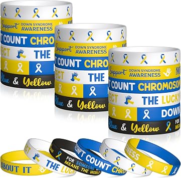 WATINC Down Syndrome Awareness Silicone Bracelets, Blue Yellow Ribbon Stretch Wristbands,Motivational Inspirational Rubber Bracelet Theme Charity Fundraisers Events Gift for Men Women Teen 48Pcs