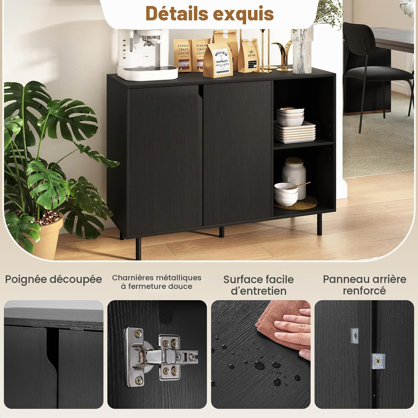 KOMFOTTEU Buffet Cuisine, 1 Armoire à Portes & 2 Étagère Ouvertes, Meuble Cuisine avec Dispositifs Anti-basculement, Armoire Rangement, 106 x 38 x 80 cm, pour Salon, Salle à Manger, Chambre (Noir)