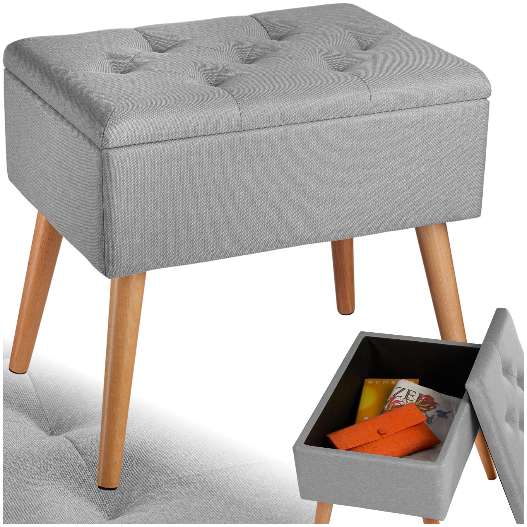 tectake® Panchina Imbottita, Rivestimento Effetto Lino, Scomparto Interno, Gambe in Faggio Massiccio, Capacità 300 Kg, Misure 51x37,5x45,5 cm - Grigio Chiaro