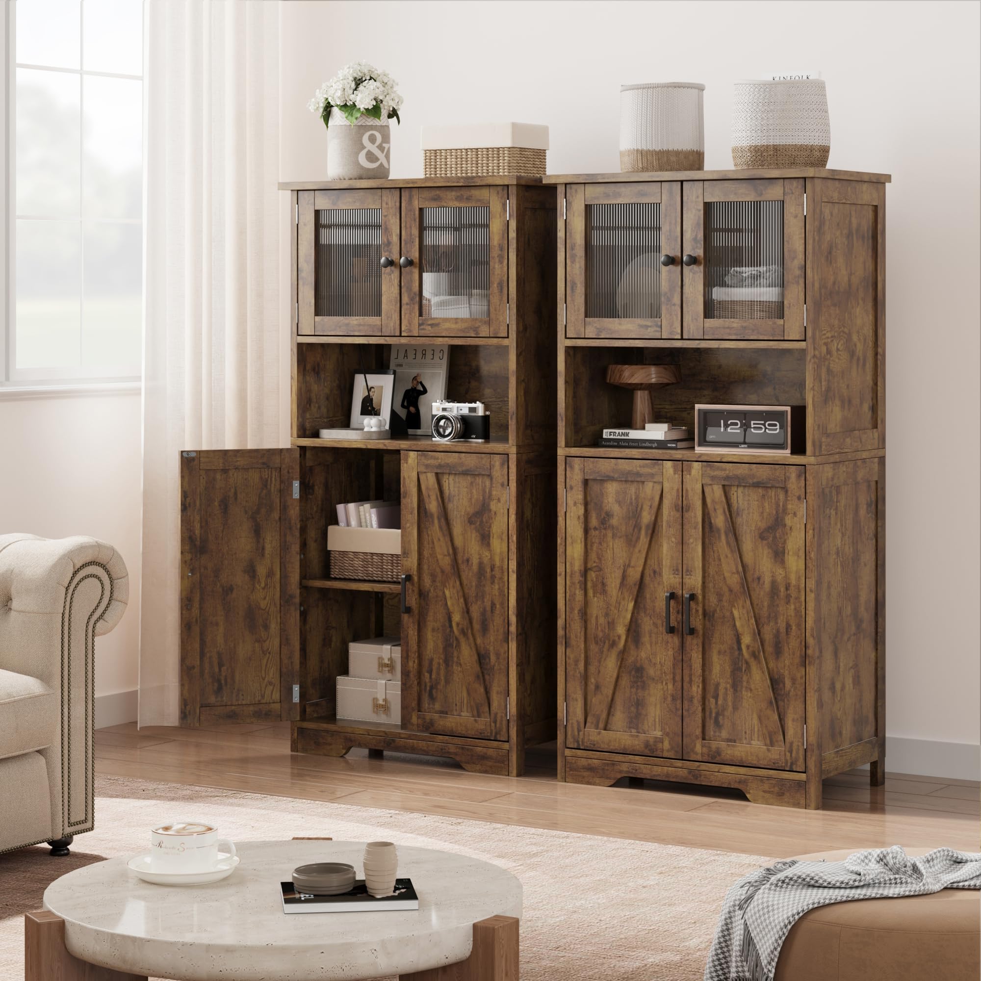 Zstar 50.4" Gabinete De Almacenamiento Grande De MDF con 4 Puertas y 1 Compartimento Abierto, 2 Puertas De Vidrio, Estantes Ajustables para Cocina, Dormitorio, Sala o Pasillos, Marrón.