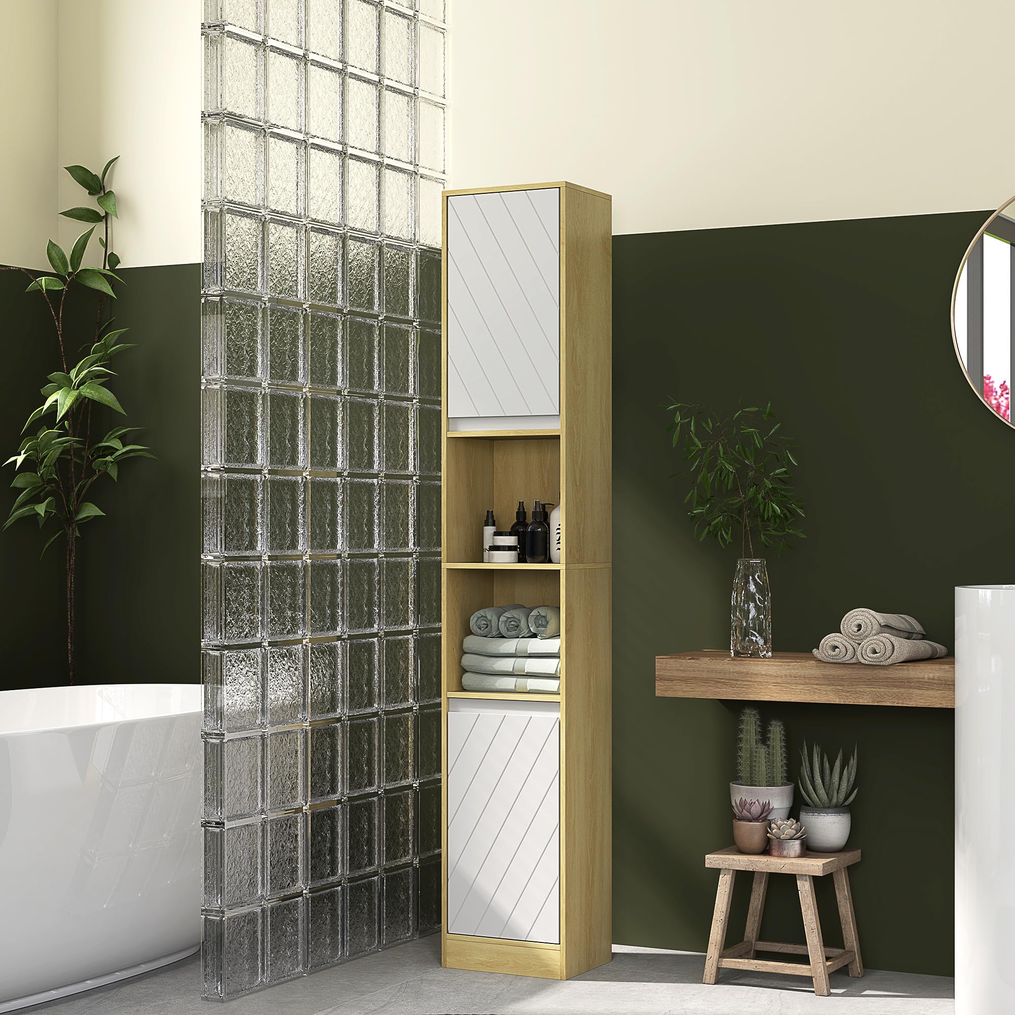 Meuble Colonne Salle De Bain HOMCOM - 6 étagères, 2 Portes, Finition Chêne - 40x31x182 Cm, Idéal Pour Petits Espaces