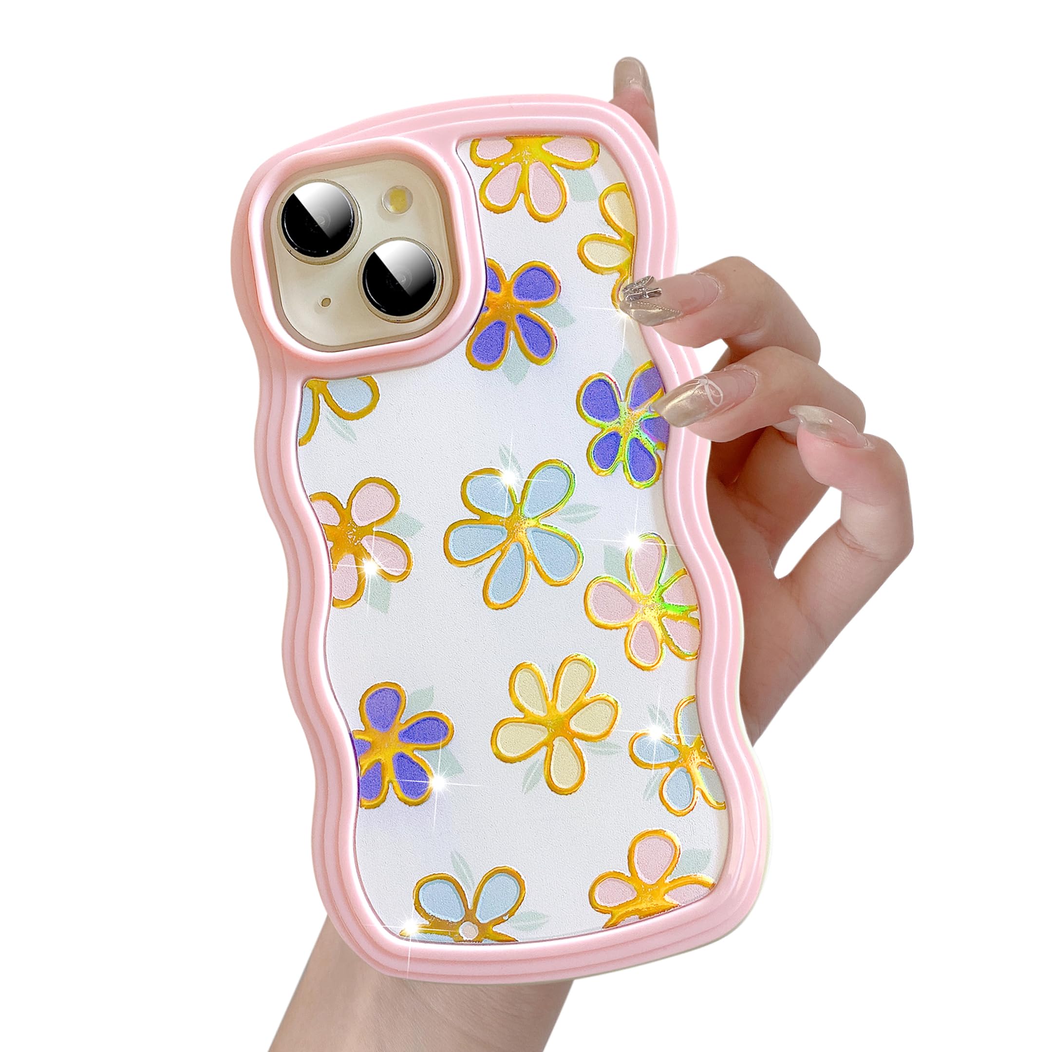 UEEBAI for iPhone 14 & 13 Case, 6.1" Floral Wave Frame Cute Curly Anti-slip Flower Case with Aesthetic Pattern