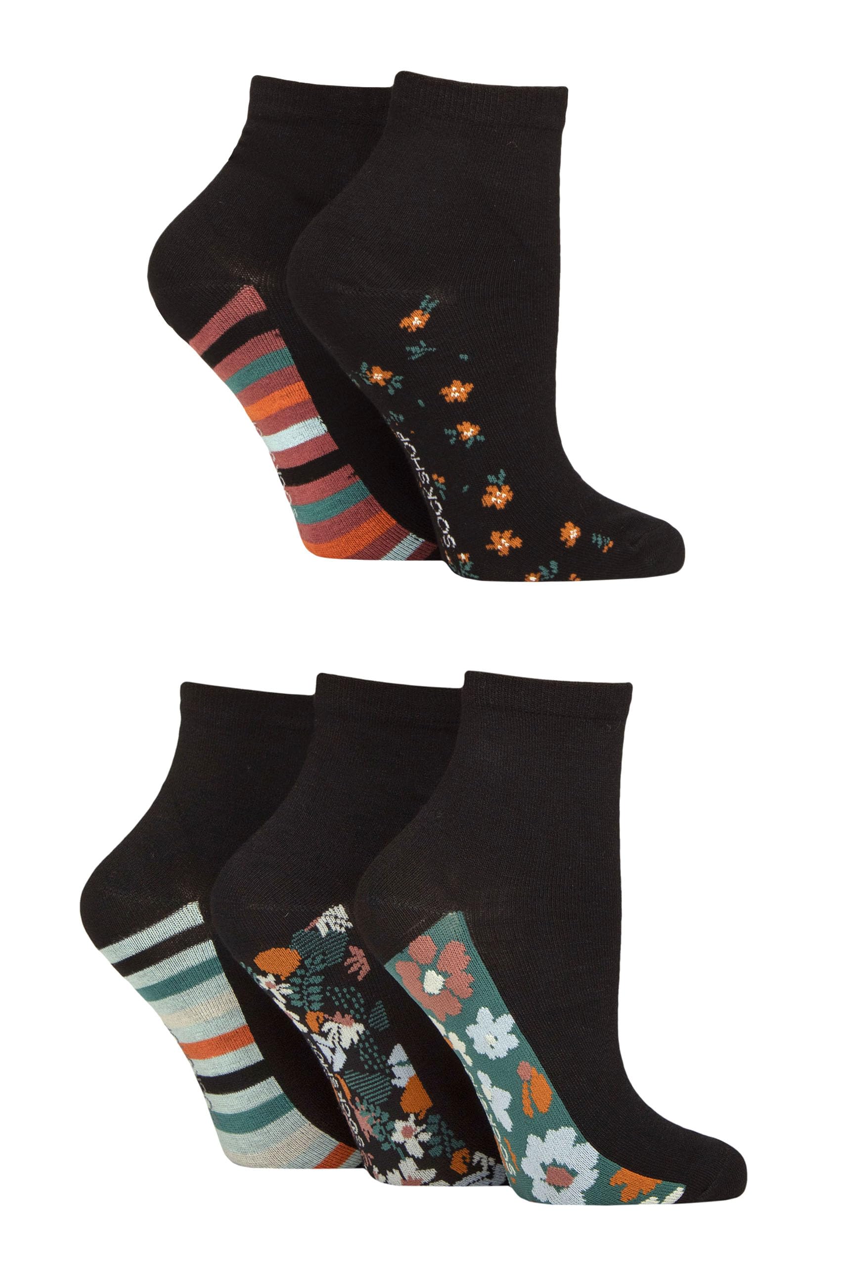 SockShop Women's Bamboo Ankle Socks - Ankle High, Anklet, Soft, Cooling, Breathable, Plain and Patterned, 5 Pair Multipack Size 4-8 Patterned Sole Floral