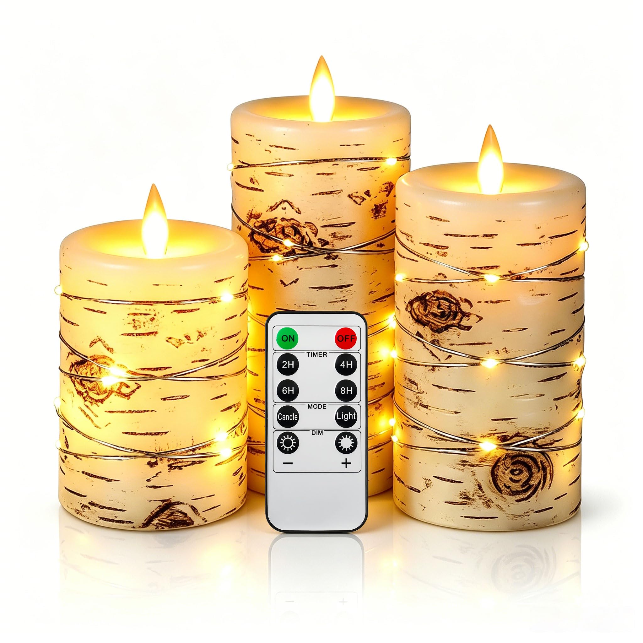 3 Pack Flameless LED Candles Hand Painted Birch Bark Effect String Lights Pillar Candles Real Wax Ivory Pillar Candles Battery Operated Pillar Candles with Dancing LED Flame -