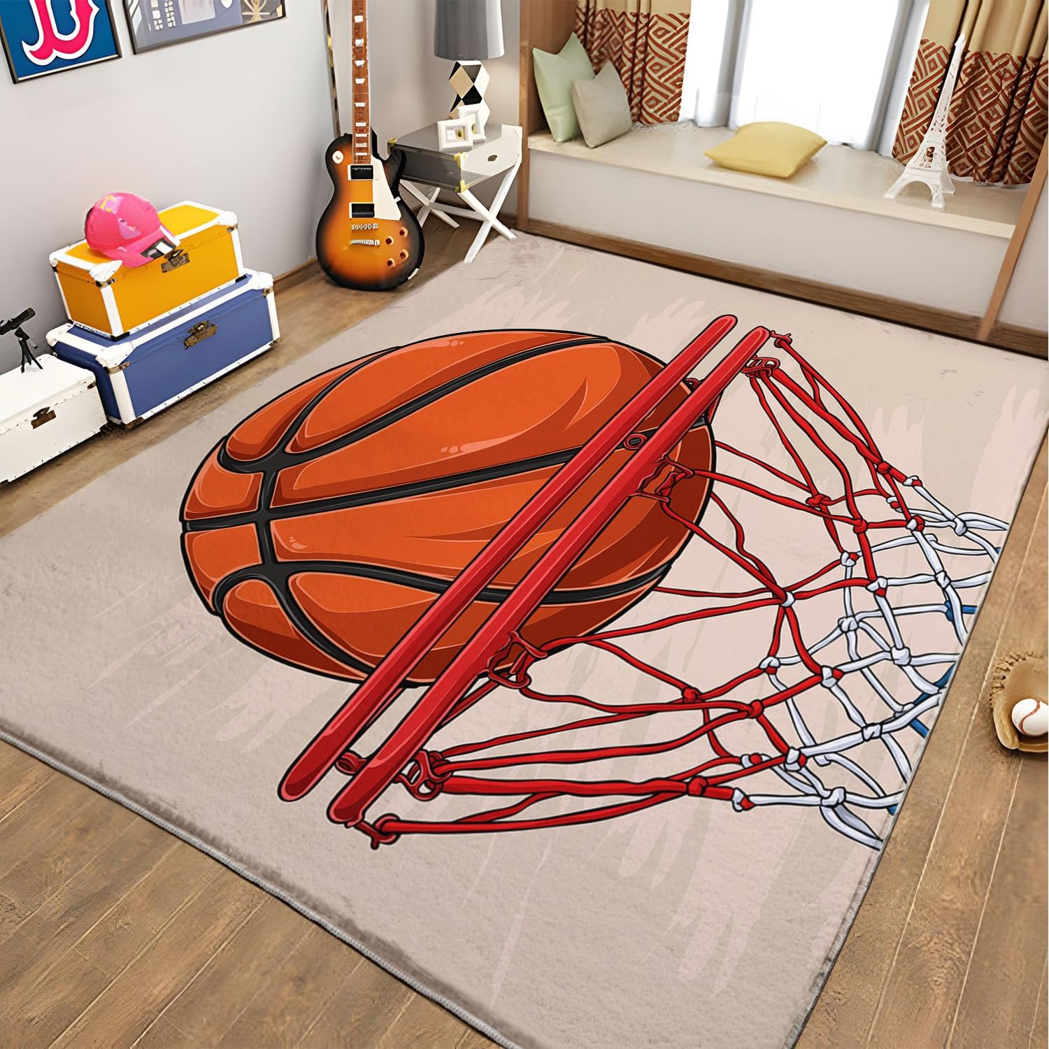 Tapis Basket-Ball Tapis Salon 3D Impression Moderne Chambre Décoration Tapis Lavable Antidérapant Tapis pour Garçons Filles Ados 80 x 150cm