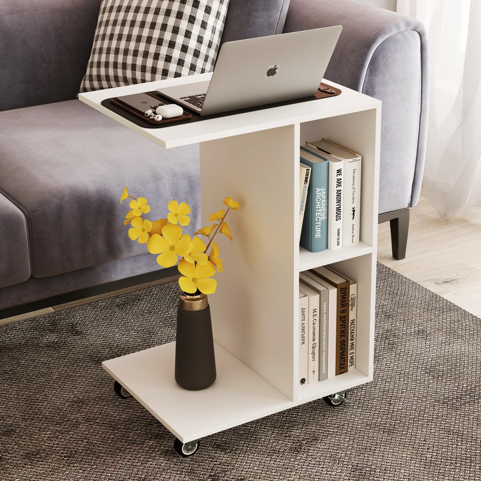 COSTWAY Tavolino a Forma di C con Ruote, Tavolino Laterale da Divano Salvaspazio con 2 Cubi di Stocaggio, Ideale per Camera da Letto, Soggiorno e Salotto, 45 x 35 x 64,5 cm, Bianco