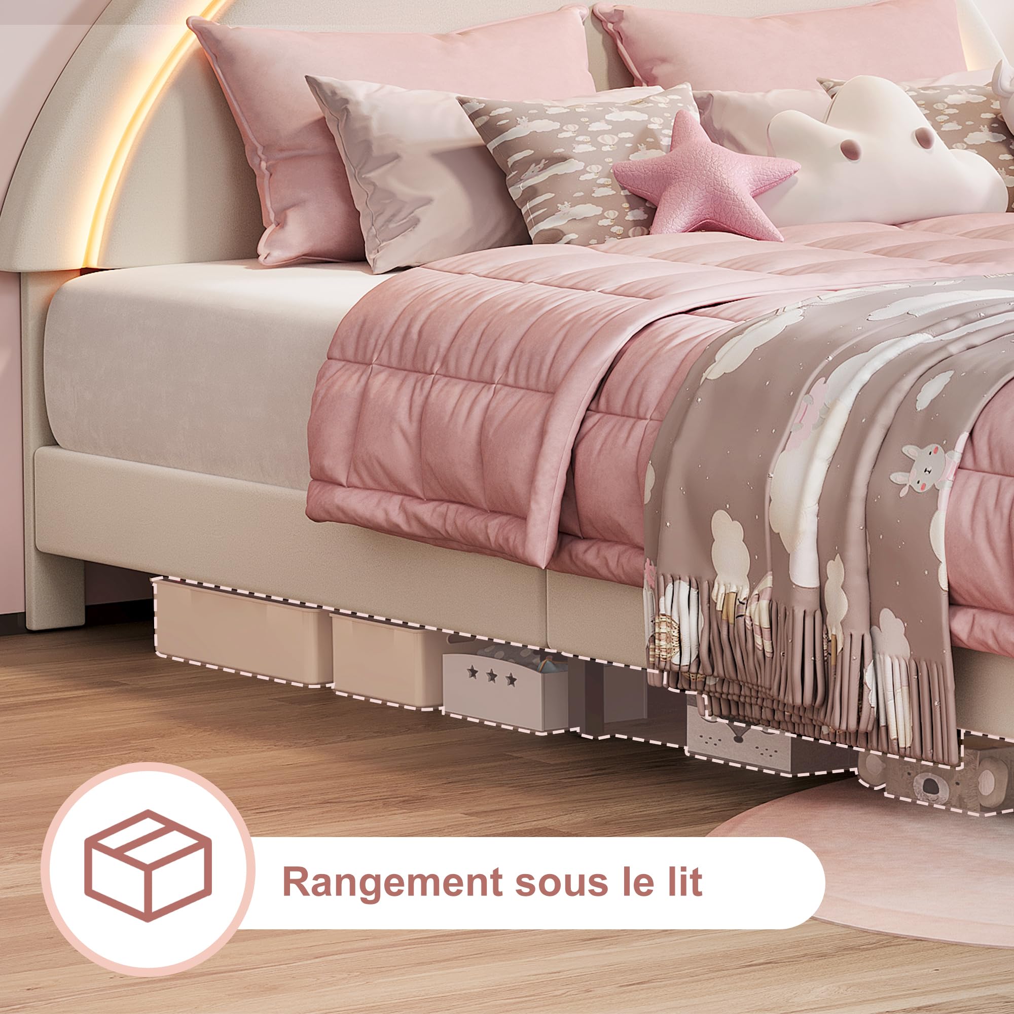 Łóżko dziecięce, tapicerowane łóżko 140 x 200 cm z diodami LED, łóżko dla księżniczki, podwójne łóżko z zagłówkiem w kształcie zająca, łóżko dla dziewczynki, łóżko młodzieżowe, rama łóżka z
