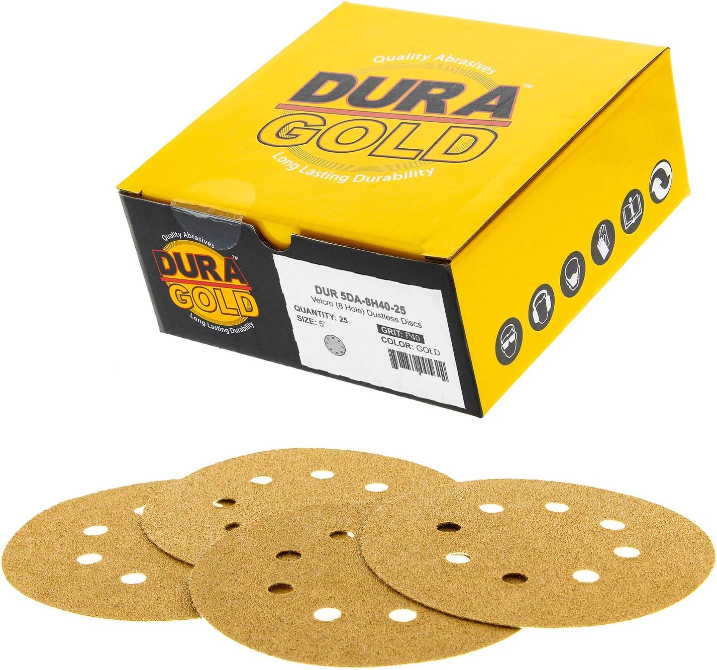 Dura-Gold Premium 40 Grit 5" Sandpaper Discs, 8 Hole Pattern Dustless, 25 Discs - Hook & Loop Backing for Orbital DA Sander, Detailing Finishing Color Sanding Automotive Paint Woodworking