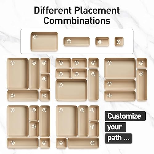 Miniatura 9 de ISSEVE 8 bandejas organizadoras de cajones de silicona anidables, 4 tamaños versátiles para tocador de baño y escritorio, juego de contenedores de