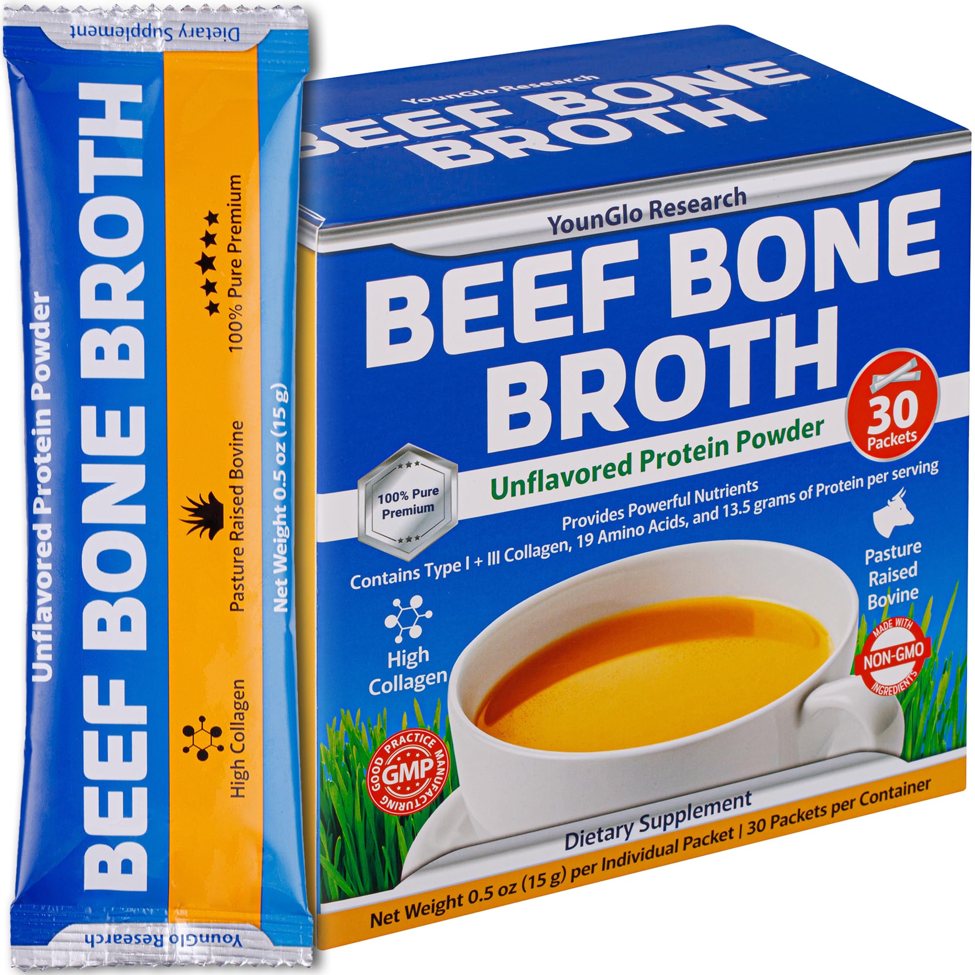 Bone Broth Beef Protein Powder - 15g Travel Sticks, Unflavored, 30 Packets w/Individual Wrapper Sticks - High Collagen & Gelatin from Grass-Fed Bovine for Paleo & Keto Diets