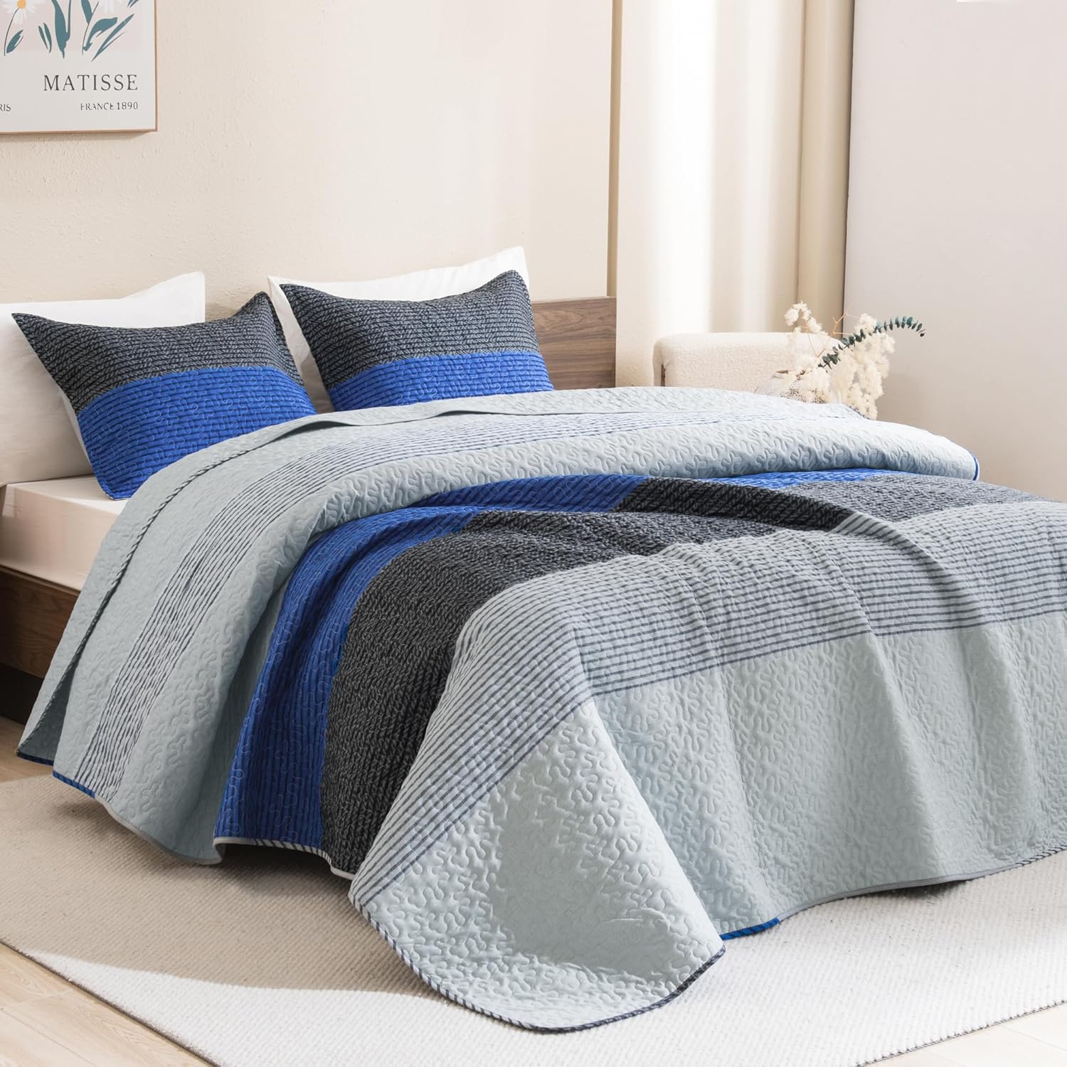 Litanika Quilt Queen Size Blue and Grey, Stripe Patchwork Summer Bedspread Coverlet 3 Pieces, Soft Lightweight Microfiber Quilted Bedding Set for All Season(1 Quilt, 2 Pillowcases) 13 - Grey Blue Queen(96*90in)