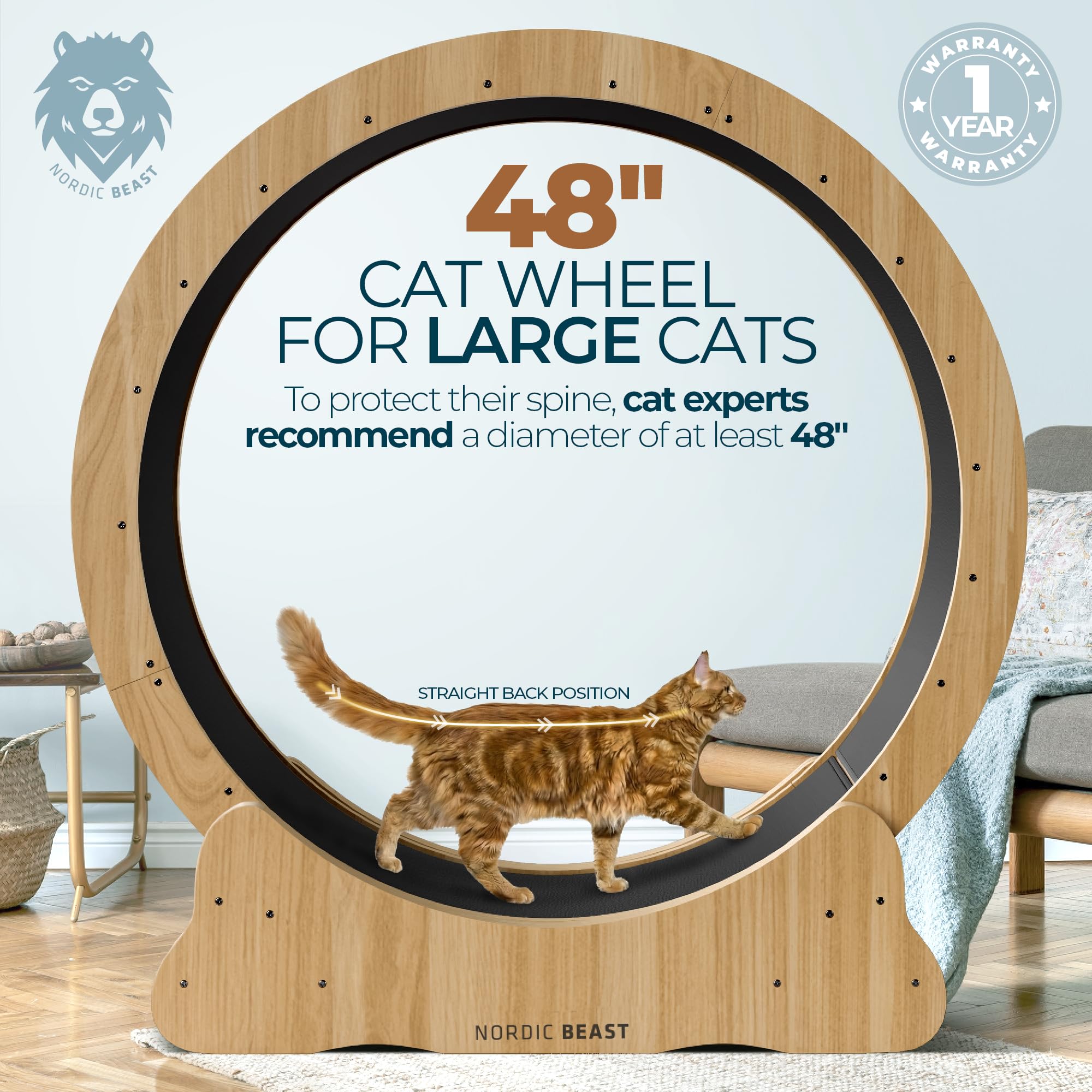 Walnut Wood 48'' XL Cat Wheel - Cat Wheels for Indoor Cats Which Doesn't Negatively Affect Your Cat's Spine view 4