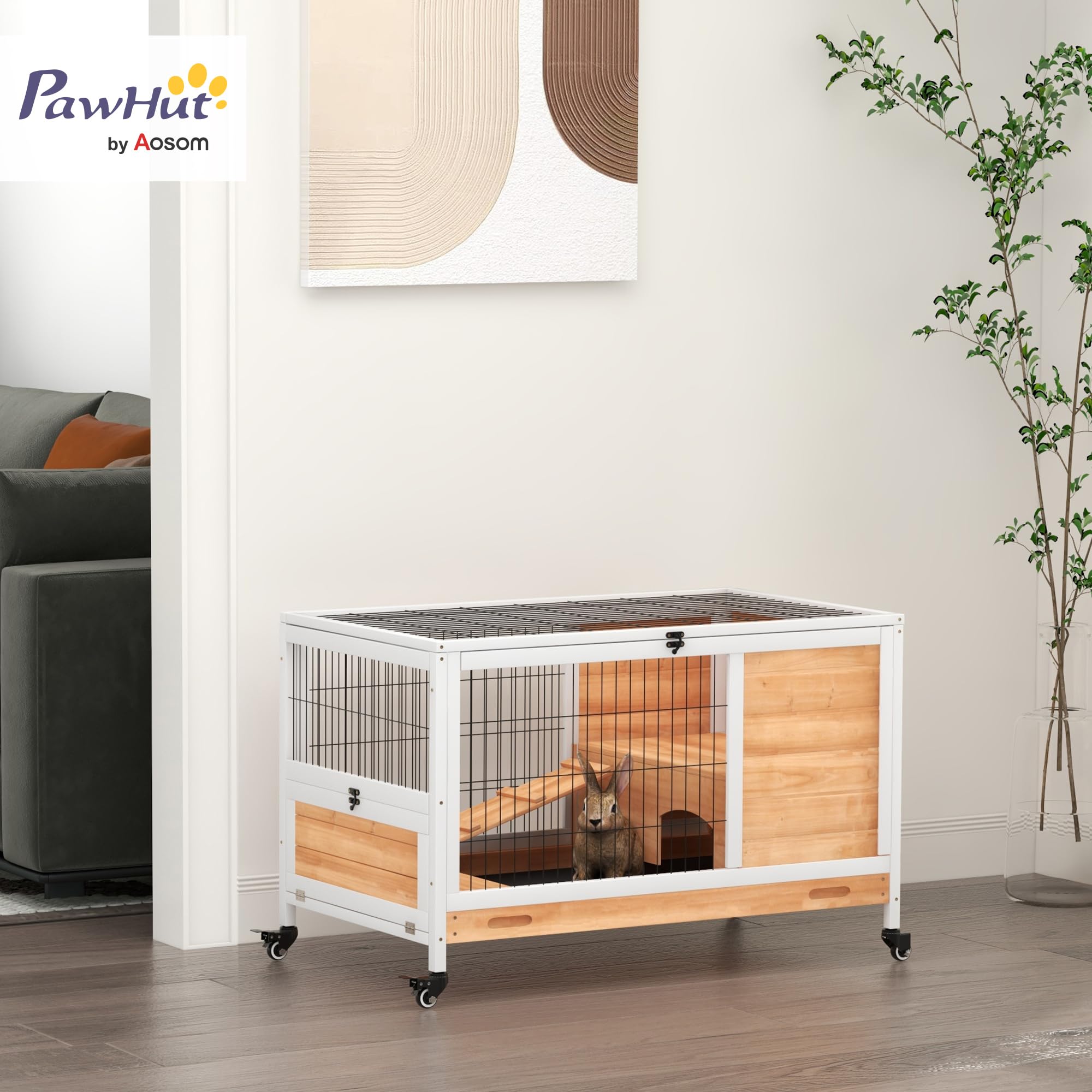 PawHut Jaula para Conejos de Madera Conejera para Mascotas Pequeñas Portátil Interior con Techo Abrible Rampa Bandeja Extraíble para Conejillos de Indias 90x53x59 cm Madera Natural