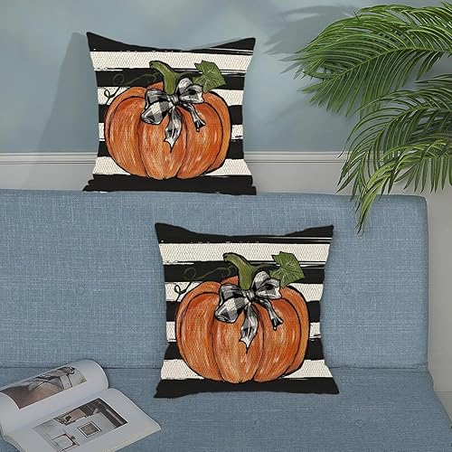 Miniatura 270 de Juego de 2 fundas de almohada de otoño de 18 x 18 pulgadas, hojas de arce de calabaza y búfalo a cuadros, decoración de otoño, de lino, Acción