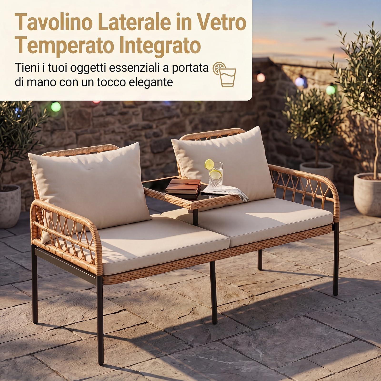 SOARS Divanetto da Giardino in Rattan PE, Panca a 2 Posti con Tavolino in Vetro Temperato, Divano con Cuscini Imbottiti, Schienale e Braccioli, per Balcone, Terrezza, Max 150 KG, 137 X 64,5 X 84 CM | Panca da Giardino con Cuscini Sfoderabili, Divano 2 Pos