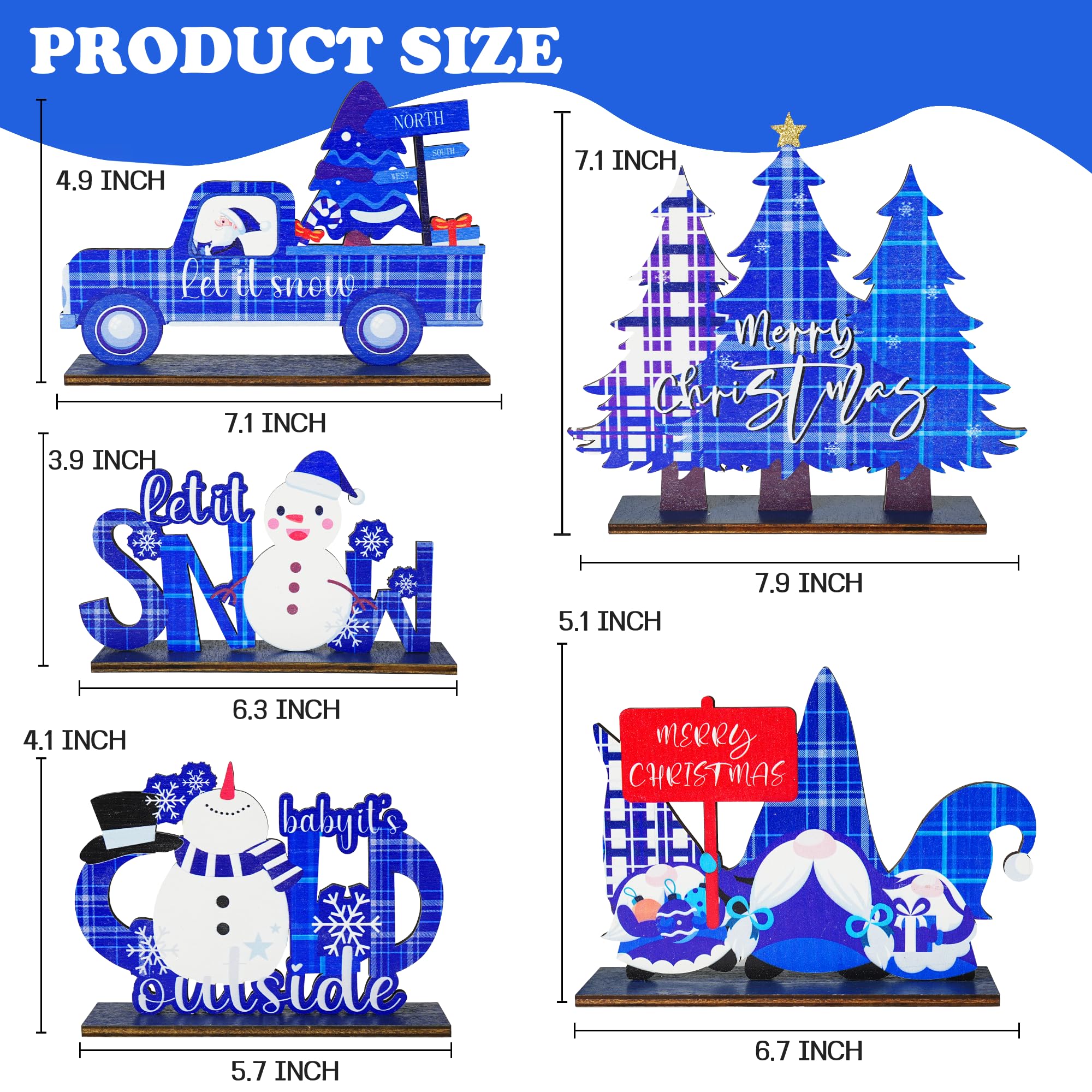 NEROSUN 5 PCS Christmas Table Centerpiece Decorations, Wooden Xmas Snowman Santa Claus Gnome Table Decorations Signs, Merry Christmas Table Toppers for Holiday Home Party Indoor Decor (Blue)