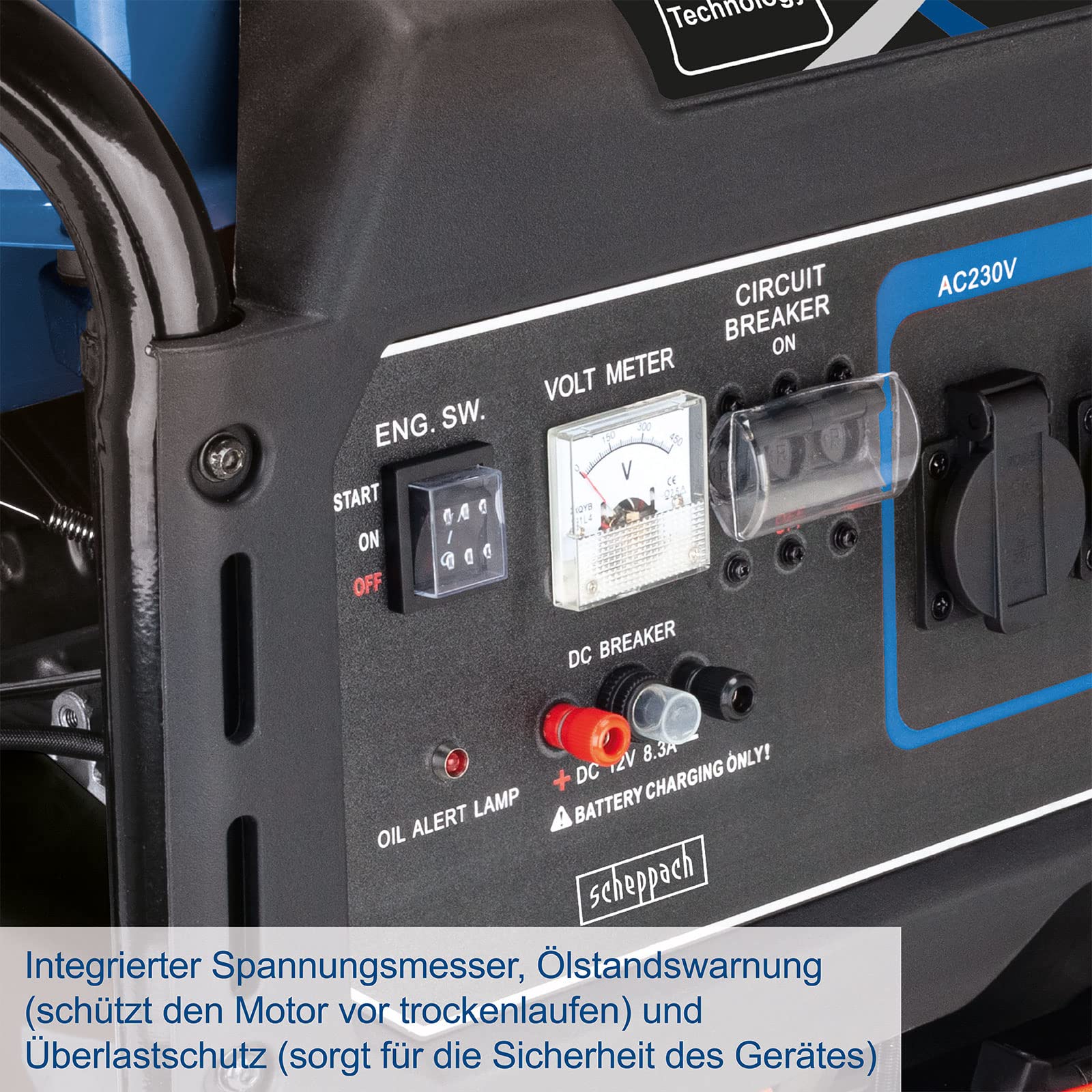 Scheppach Generatore di corrente a benzina SG7100x con avviamento elettrico, motore a benzina a 4 tempi con 12 CV, potenza 5400 W, 2 x 230 V, 1 presa da 400 V, connettore da 12 V, serbatoio da 25 l,