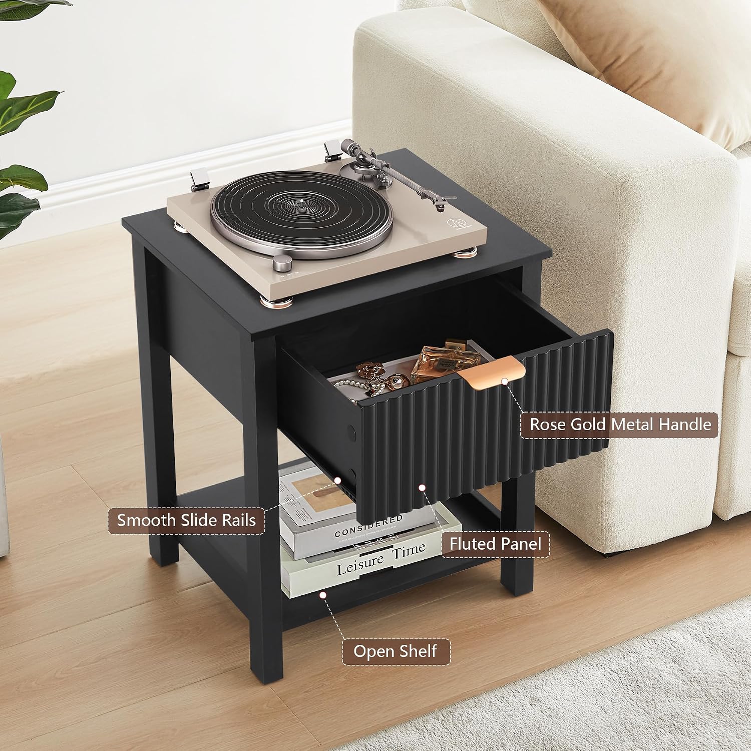 Mid Century Modern Nightstand with Drawer, Black Night Stand for Bedroom, Small End Table with Storage, Living Room/Bed Side Table with Drawer for Small Spaces, Fluted Nightstand with Storage