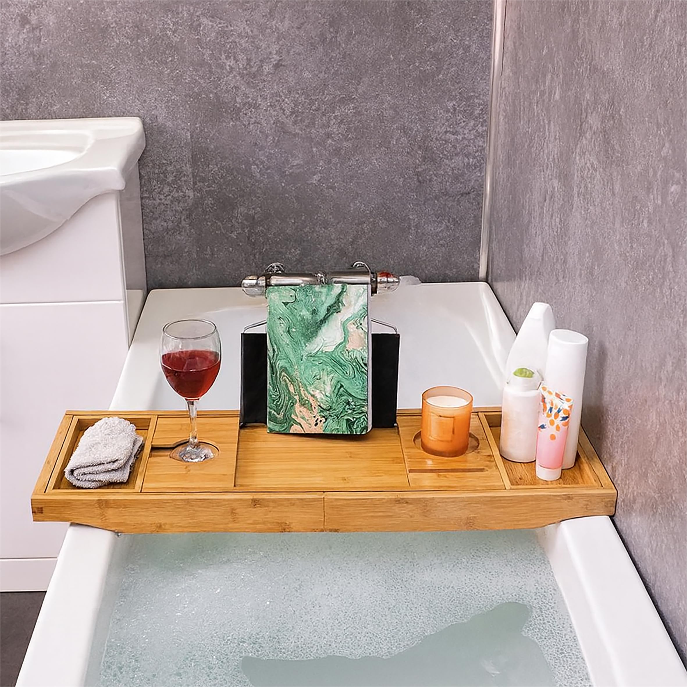 Bestfor Brown Bath Tray Table With Extending Sides And Legs - Will Hold Your Laptop, Tablet, Phone, Wine Glass, Candles And Many Other Items Safely While You Relax In The Bath