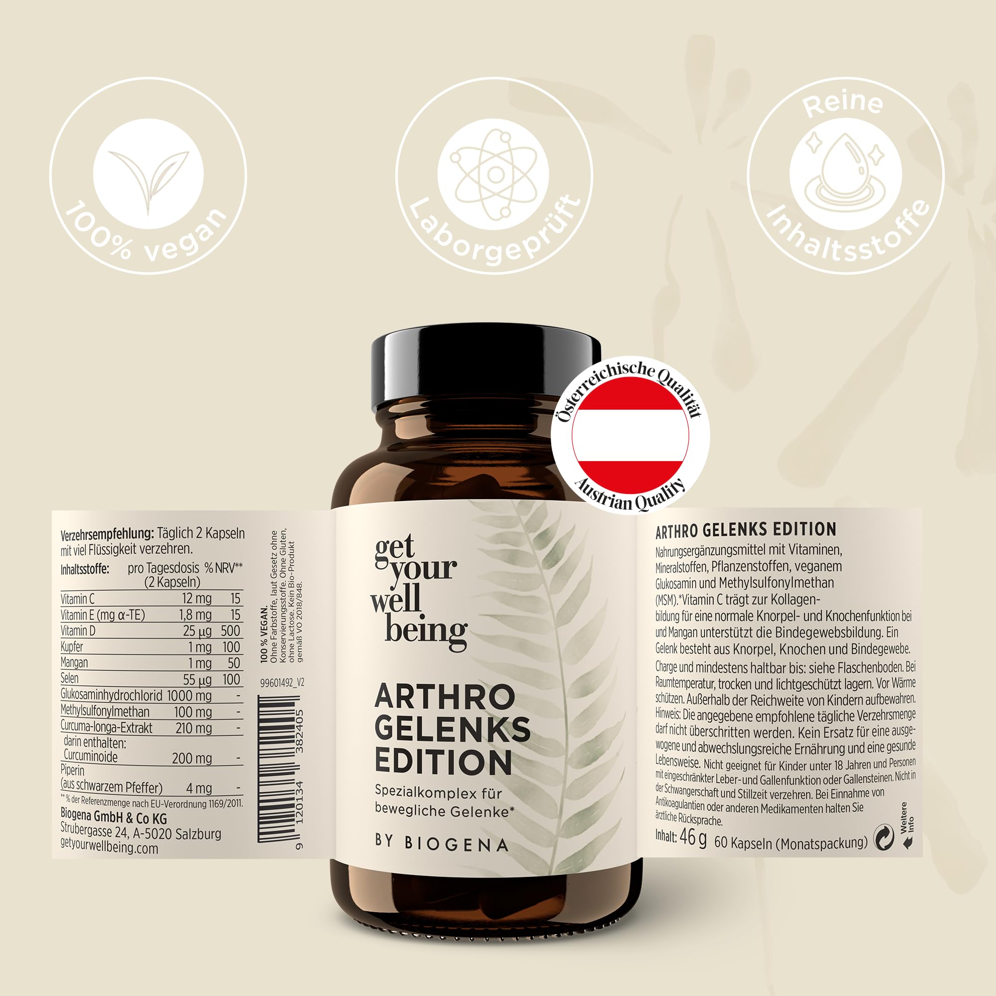 get your wellbeing by BIOGENA - Arthro Gelenk-Spezialkomplex - Gelenkkapseln mit MSM, Glucosamin, Vitaminen & Mineralstoffen - 60 Kapseln - Nahrungsergänzungsmittel vegan & konservierungsstofffrei