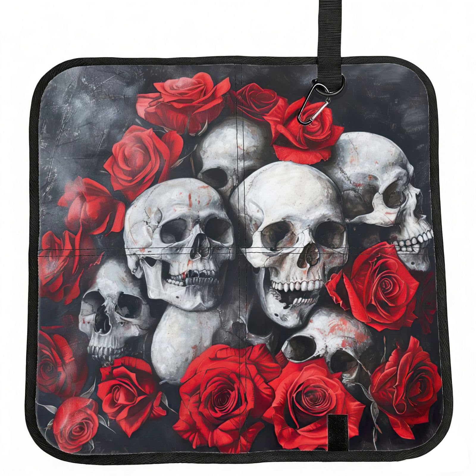 DIEzig Skull and Red Rose Printed Compact Foldable Sitting Pad Oxford Base, Portable Cushion for Fishing Sports Events