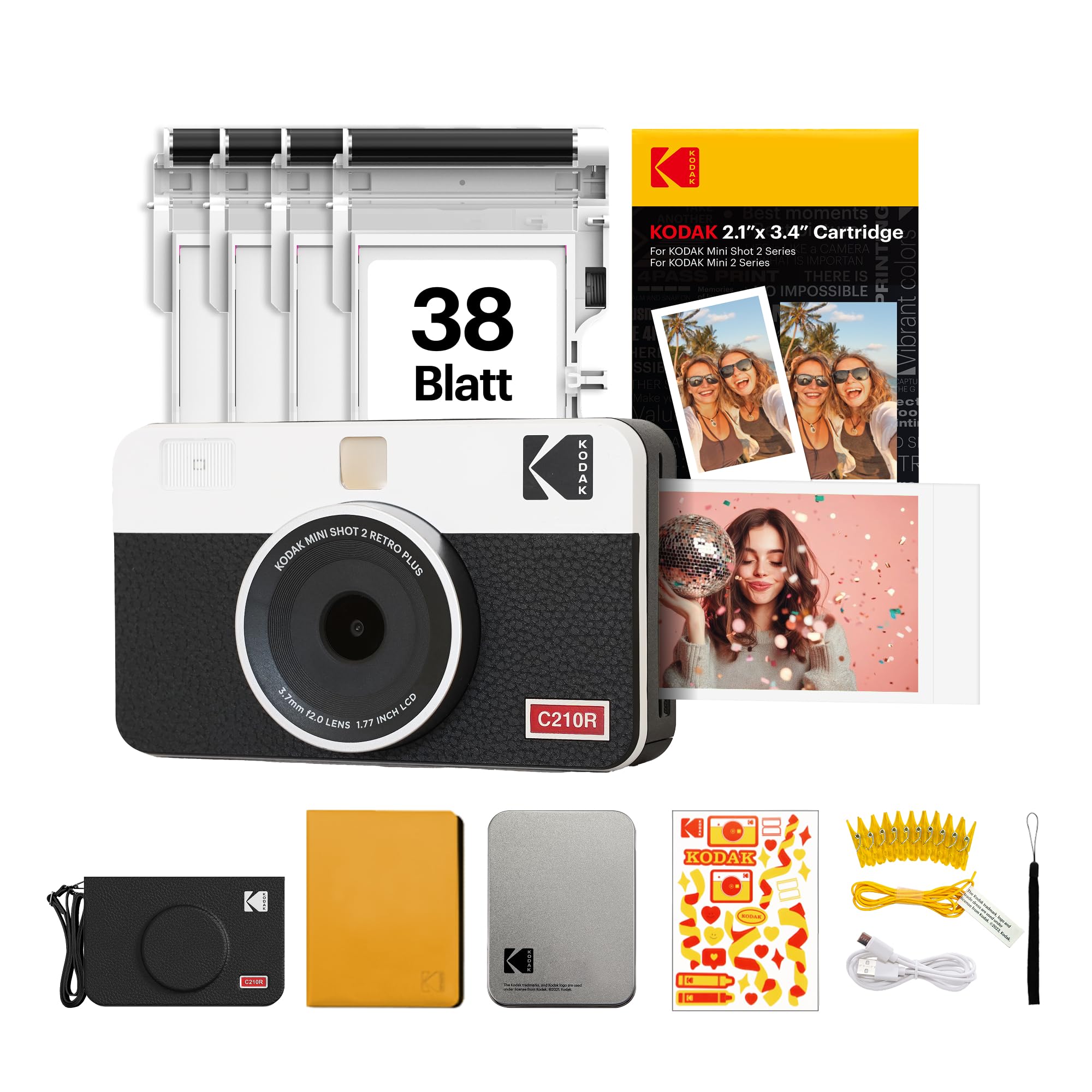 Kodak Mini Shot 2 Retro 4PASS Sofortkamera und trag printer 2-in-1, 5,3×8,6 Zentimeter Sofortdrucke, 38-Blatt Bundle mit Zubehör, Weiß