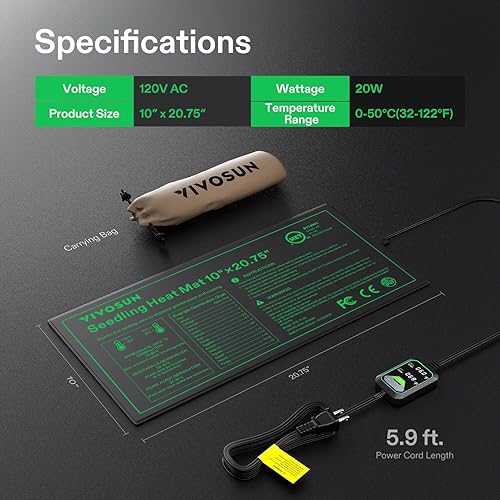 Miniatura 8 de VIVOSUN Tapete térmico de plántulas de 10 x 20.75 pulgadas con controlador de temperatura integrado, almohadilla térmica impermeable con