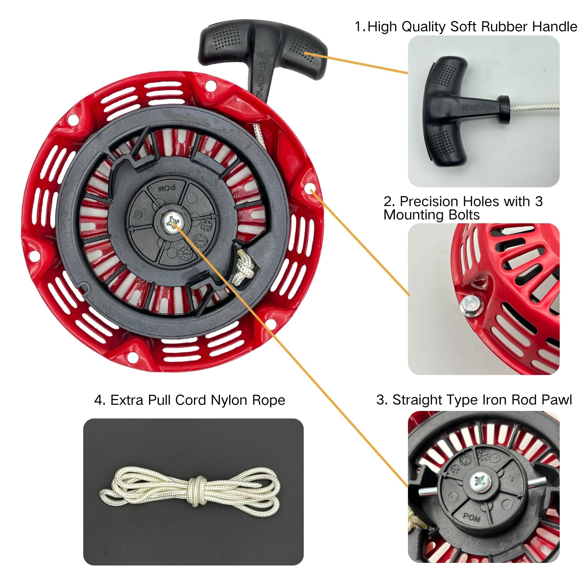 YGQ GX160 Pull Start Assembly with Recoil Starter Rope for Honda GX200 GX120 Pull Cord Replacement Red 28400-ZH8-023ZB 28400-Z0T-003ZB 28400-Z4M-305ZB - Image 4