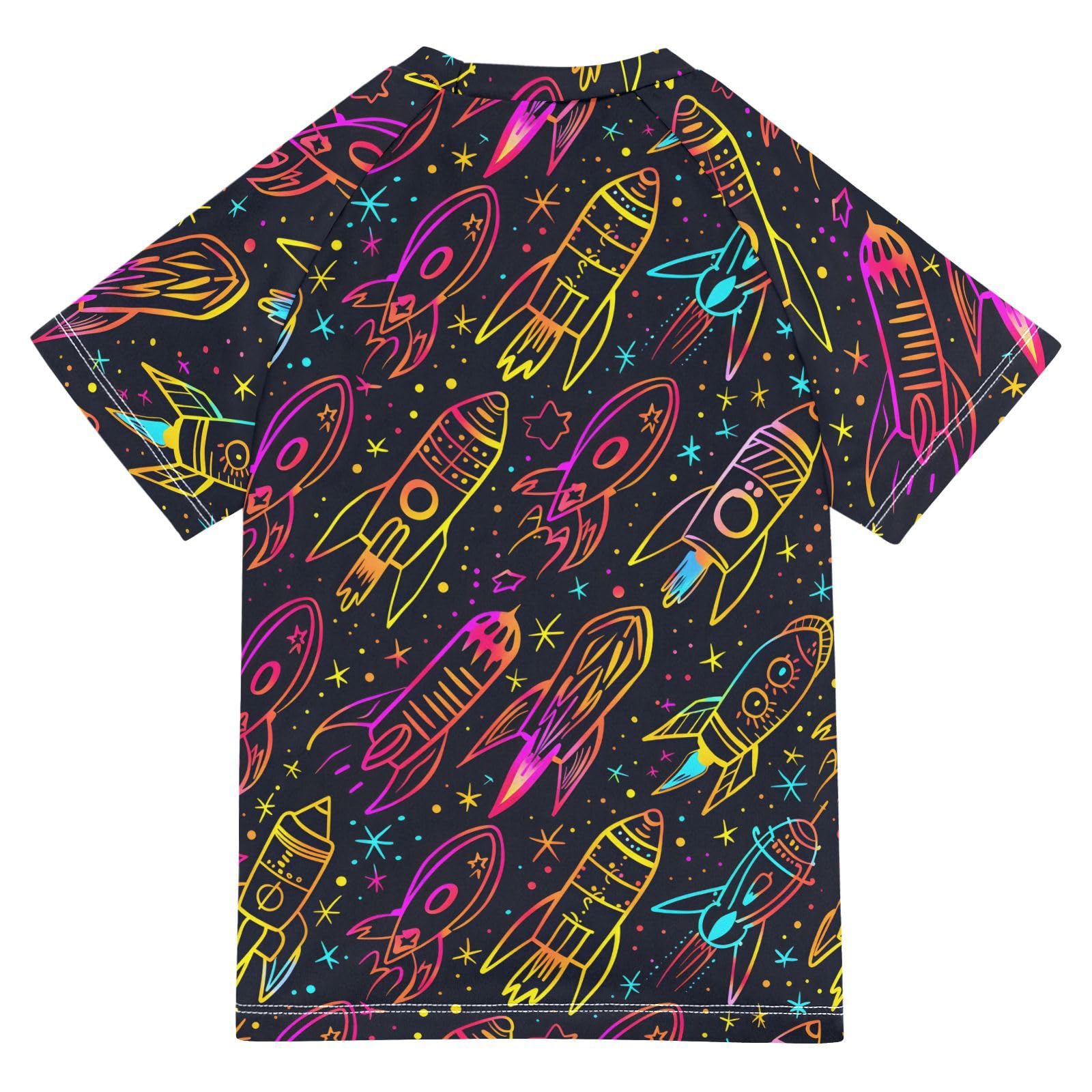 ALAZA Kids Rash Guard Boys Toddler Swim Shirts Short Sleeve Neon Rocket Doodle UPF 50+ 3T
